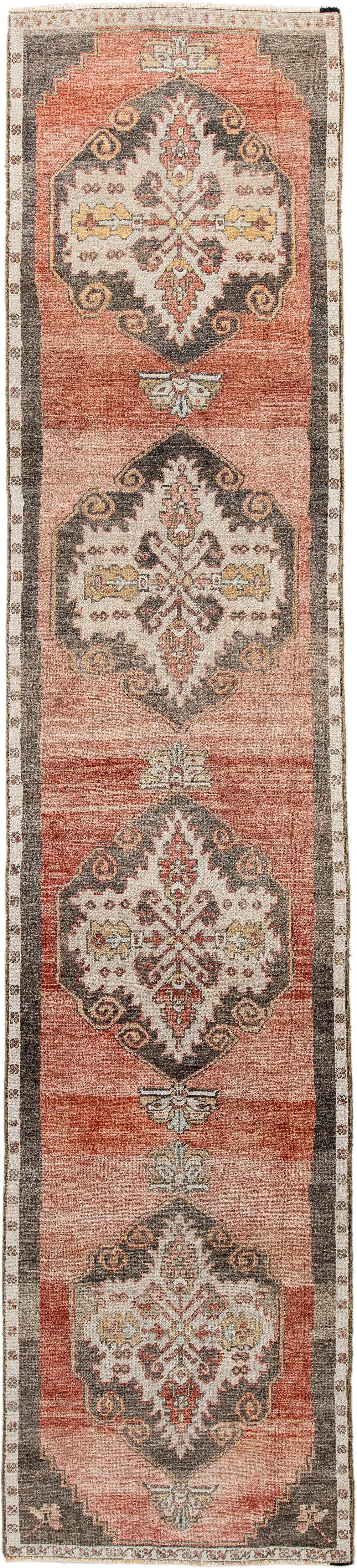2' x 13' one-of-a-kind handmade antique Anatolian runner rug. Color palette: terra cotta, ivory, charcoal, taupe, rust, sage