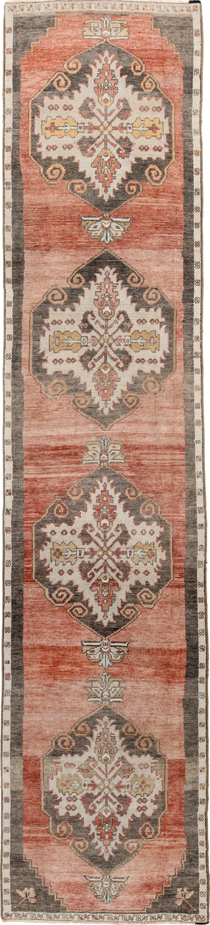 2' x 13' one-of-a-kind handmade vintage Anatolian runner rug. Color palette: brown, gray, orange, pink, red, sienna