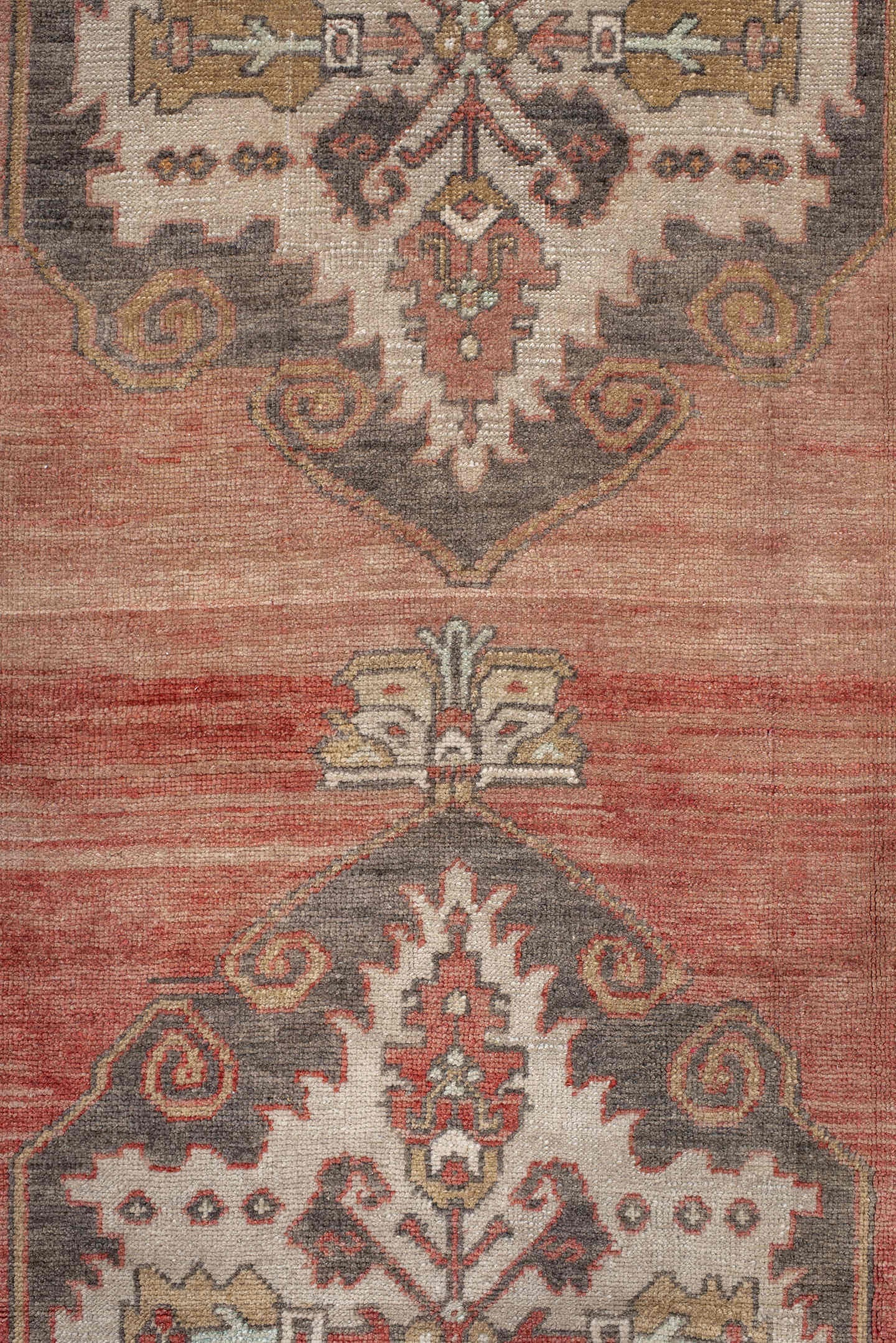 2' x 13' one-of-a-kind handmade antique Anatolian runner rug. Color palette: terra cotta, ivory, charcoal, taupe, rust, sage