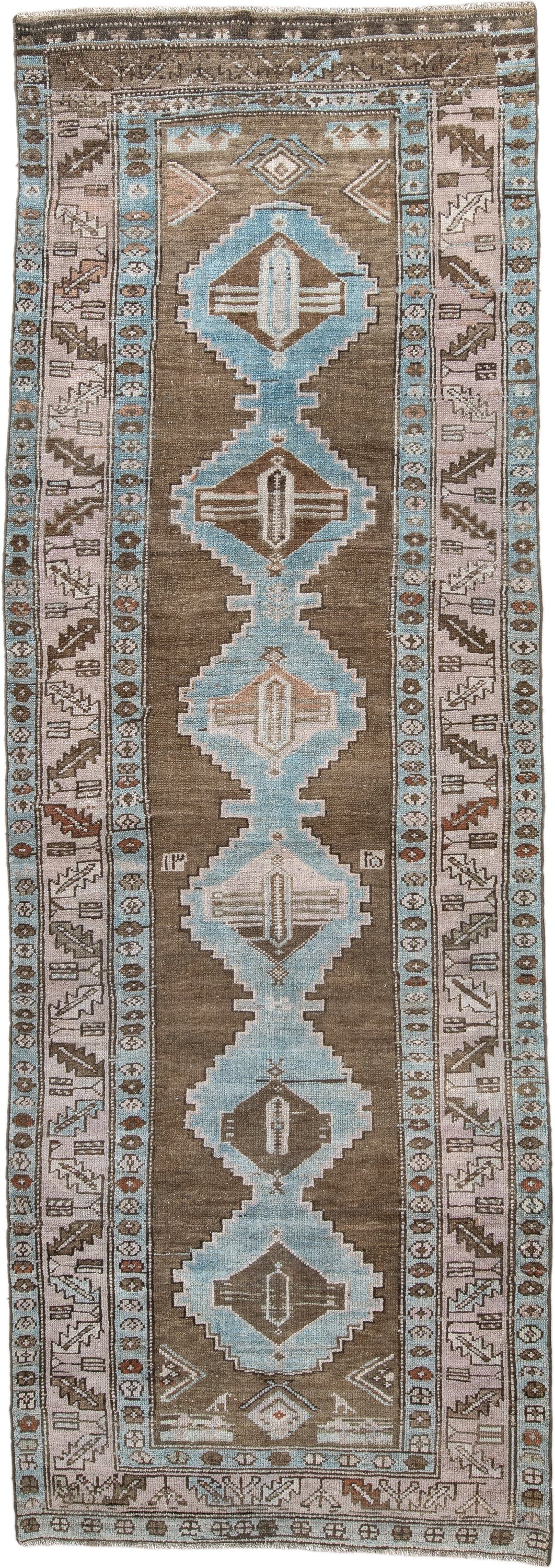 3' x 10' one-of-a-kind handmade vintage NW Persian runner rug. Color palette: taupe, sky blue, ivory, brown, camel, rust