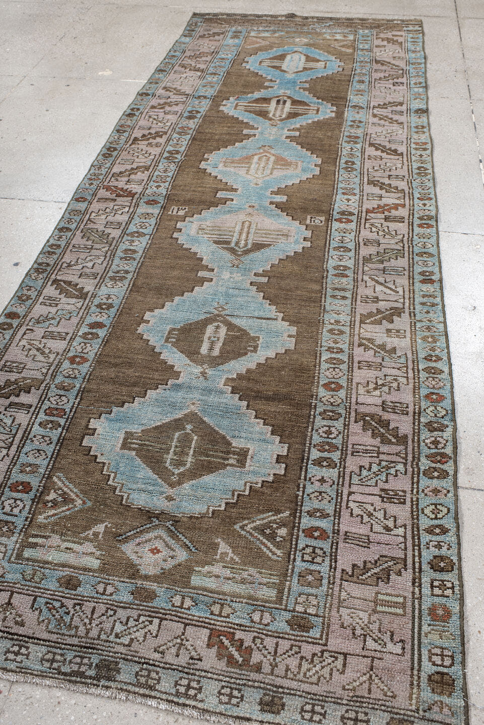 3' x 10' one-of-a-kind handmade vintage NW Persian runner rug. Color palette: taupe, sky blue, ivory, brown, camel, rust