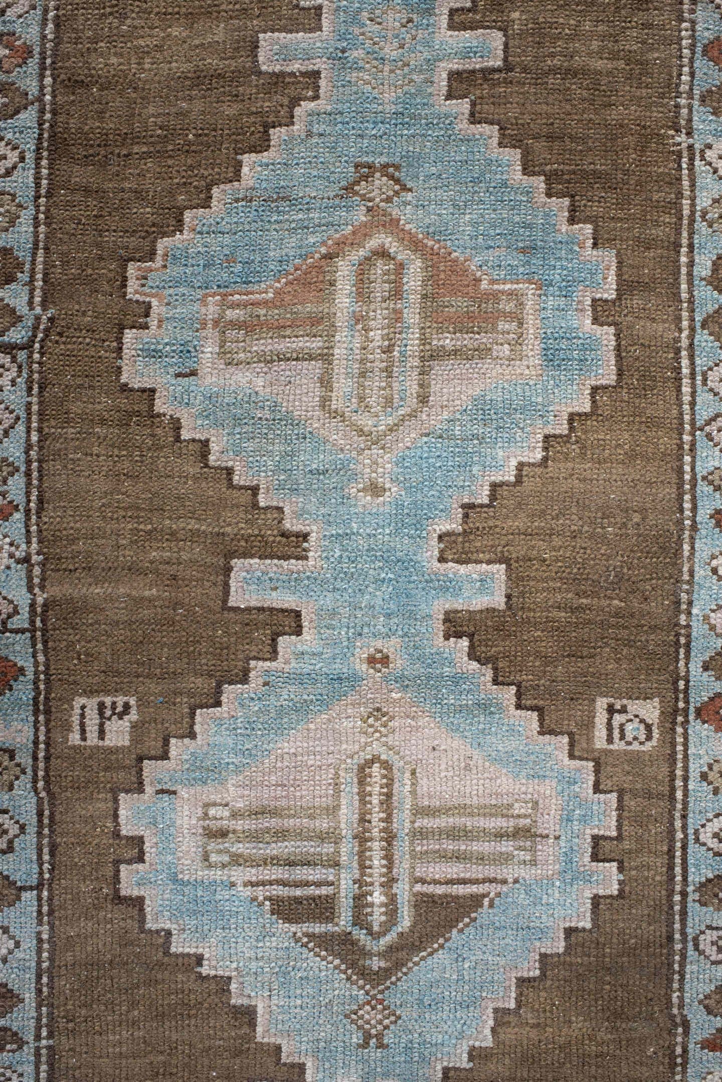 3' x 10' one-of-a-kind handmade vintage NW Persian runner rug. Color palette: taupe, sky blue, ivory, brown, camel, rust