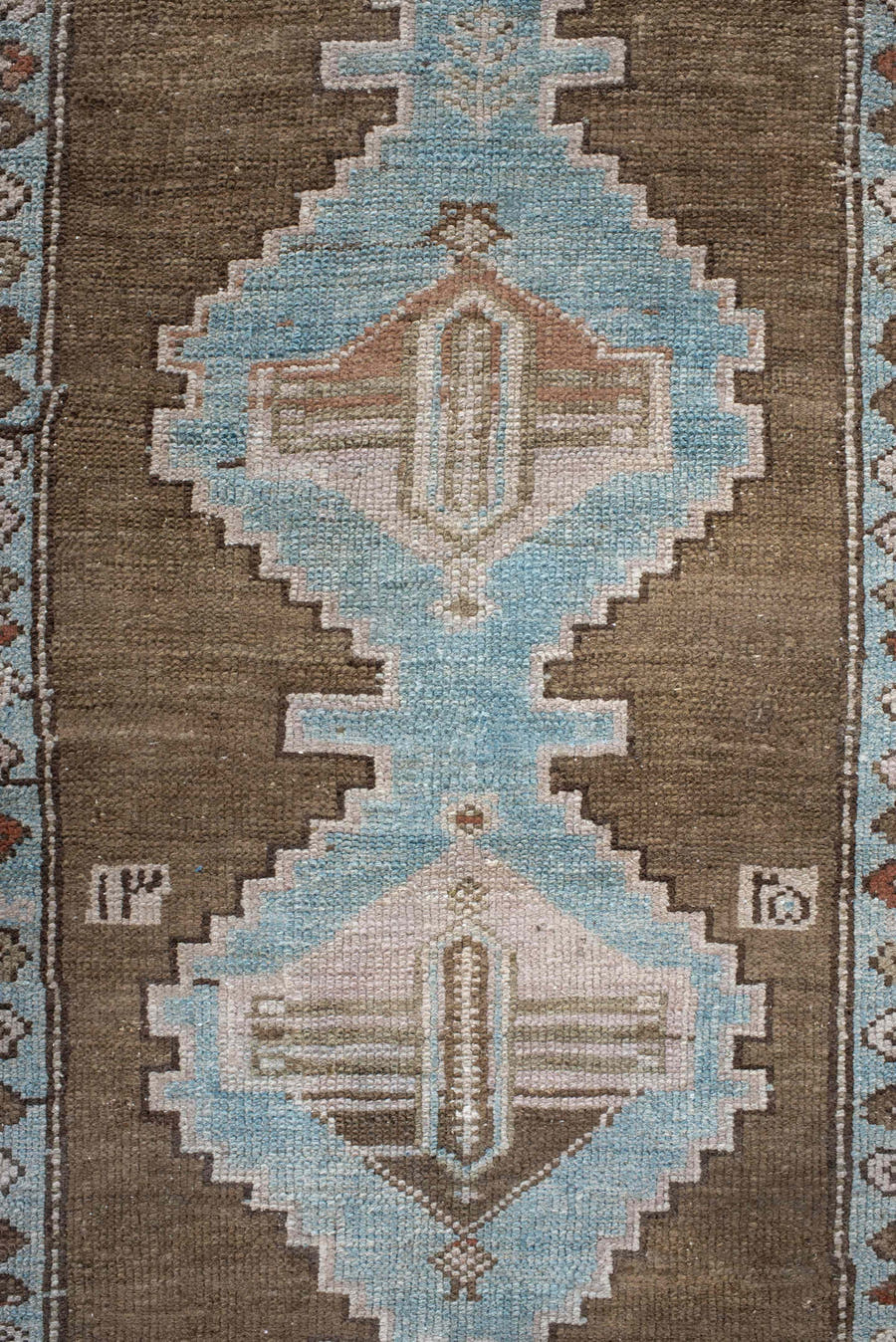 3' x 10' one-of-a-kind handmade vintage NW Persian runner rug. Color palette: taupe, sky blue, ivory, brown, camel, rust