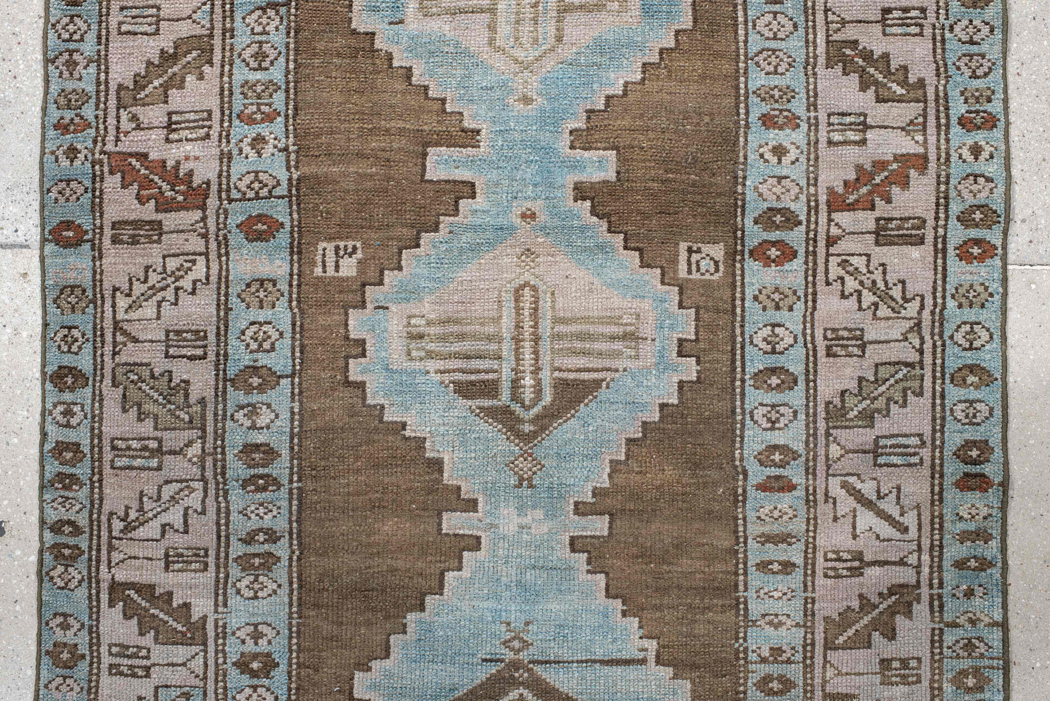 3' x 10' one-of-a-kind handmade vintage NW Persian runner rug. Color palette: blue, brown, dark gray, gray, light gray