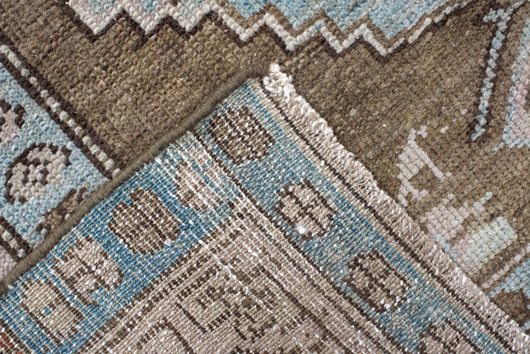 3' x 10' one-of-a-kind handmade vintage NW Persian runner rug. Color palette: taupe, sky blue, ivory, brown, camel, rust