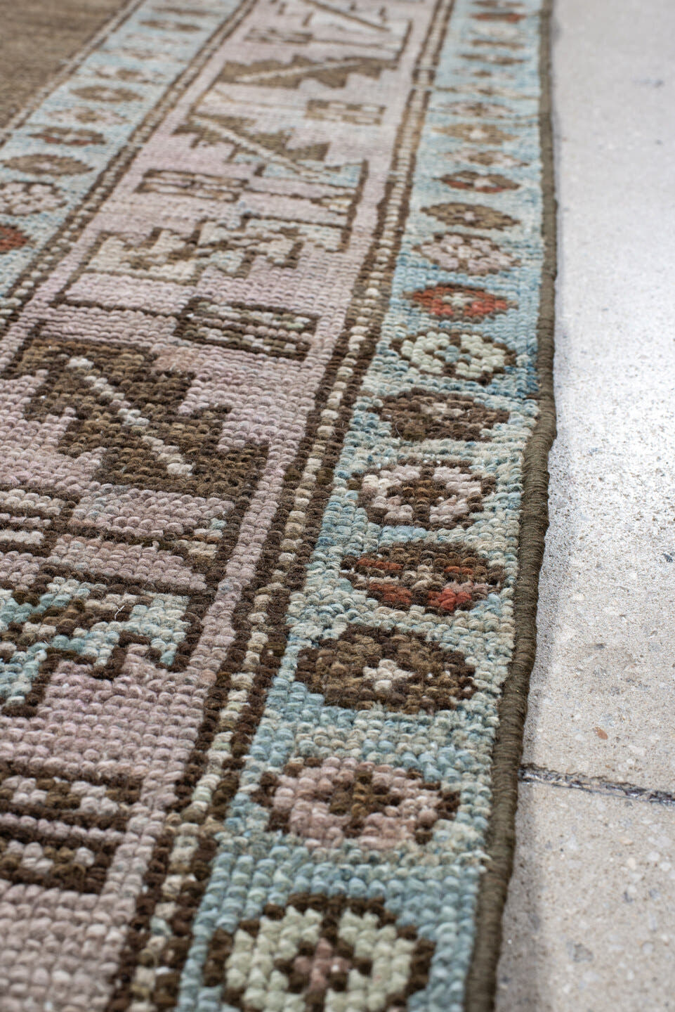 3' x 10' one-of-a-kind handmade vintage NW Persian runner rug. Color palette: taupe, sky blue, ivory, brown, camel, rust