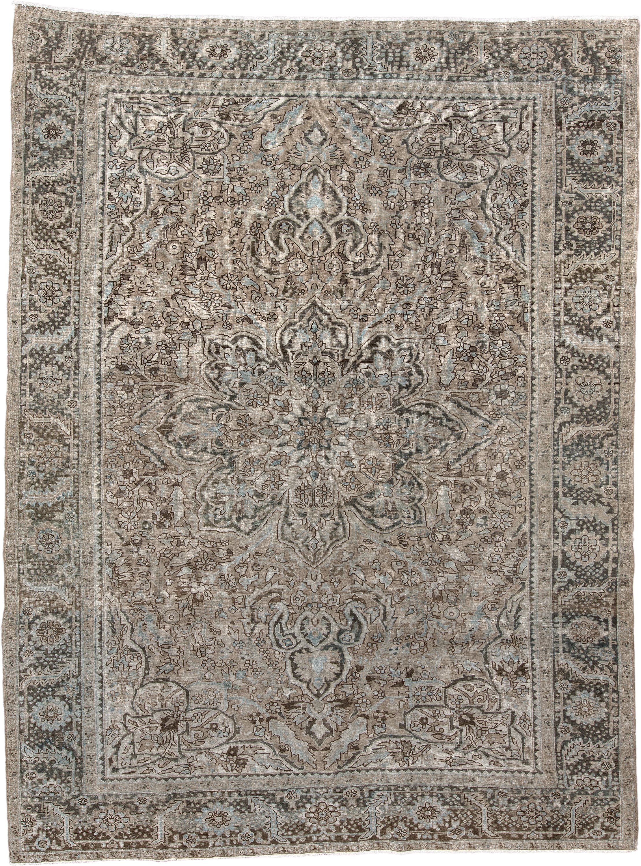 9' x 12' one-of-a-kind handmade antique Heriz large size rug. Color palette: taupe, brown, ivory, pale_blue, charcoal, beige
