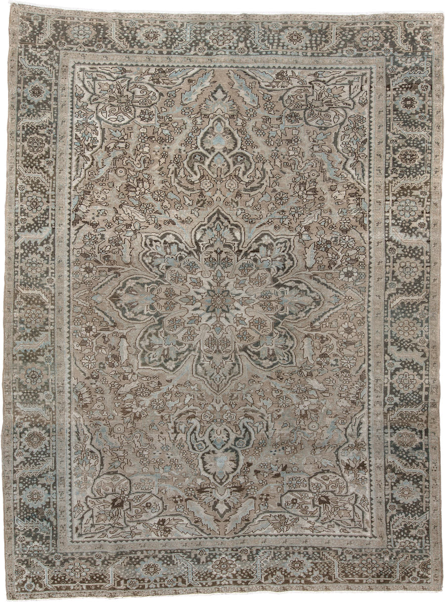9' x 12' one-of-a-kind handmade antique Heriz large size rug. Color palette: taupe, brown, ivory, pale_blue, charcoal, beige