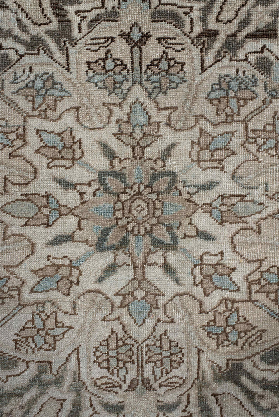 9' x 12' one-of-a-kind handmade antique Heriz large size rug. Color palette: taupe, brown, ivory, pale_blue, charcoal, beige