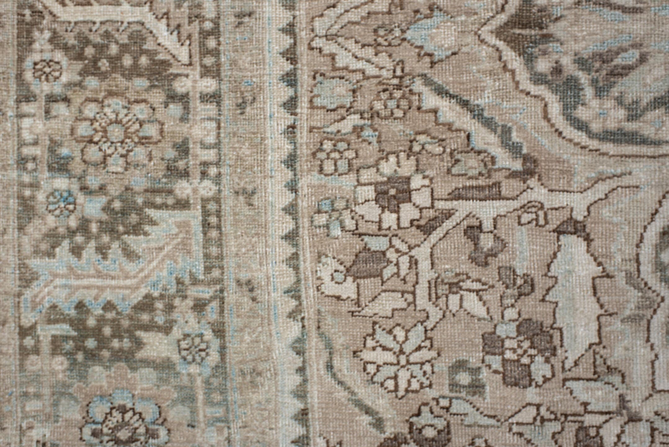 9' x 12' one-of-a-kind handmade antique Heriz large size rug. Color palette: taupe, brown, ivory, pale_blue, charcoal, beige