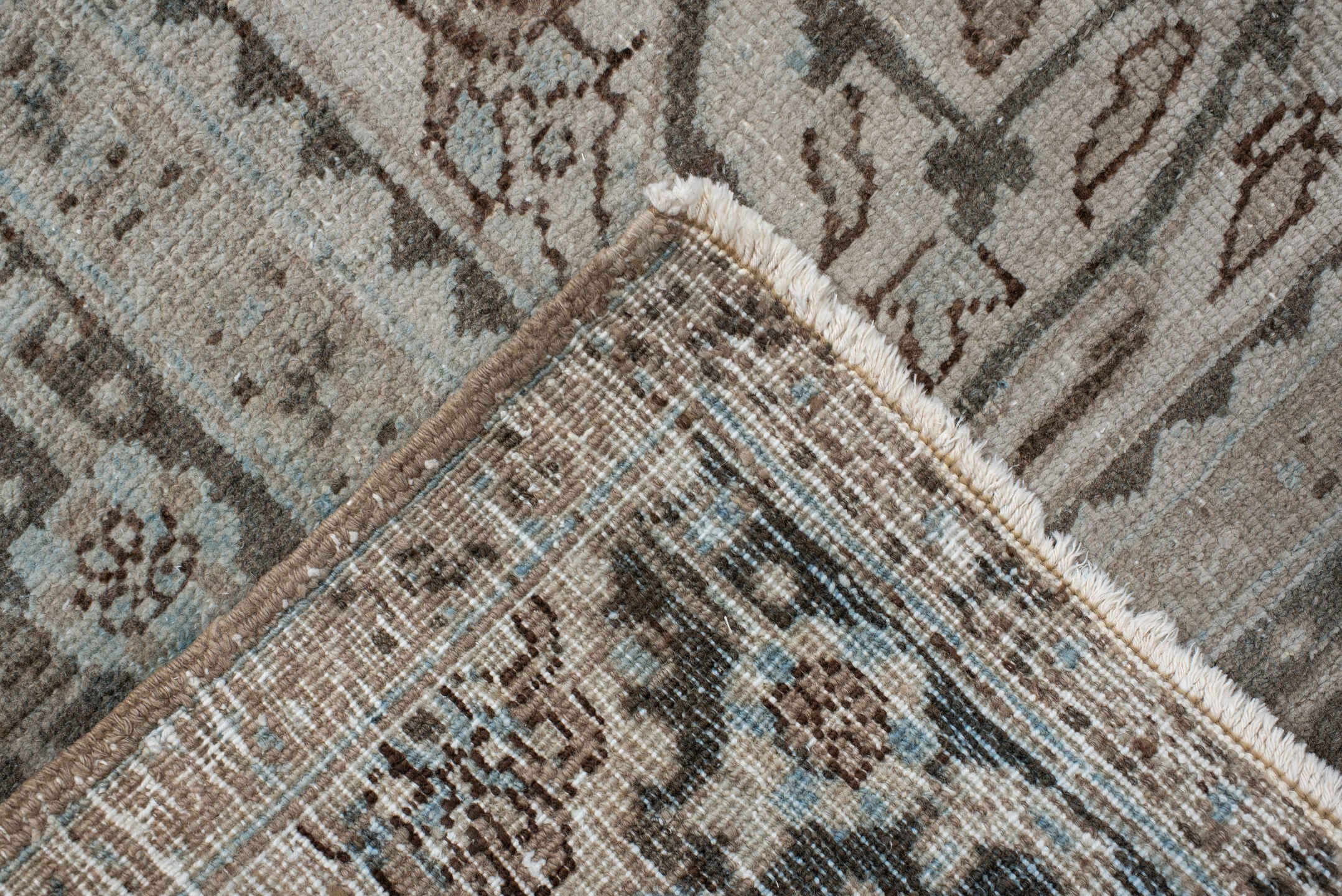 9' x 12' one-of-a-kind handmade antique Heriz large size rug. Color palette: taupe, brown, ivory, pale_blue, charcoal, beige