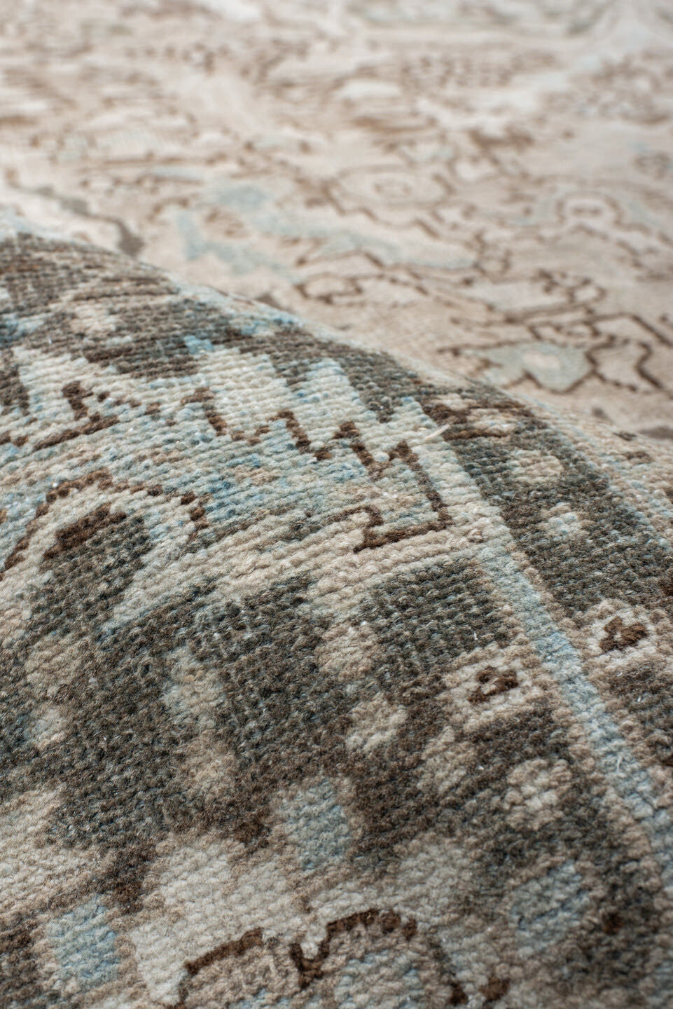 9' x 12' one-of-a-kind handmade antique Heriz large size rug. Color palette: taupe, brown, ivory, pale_blue, charcoal, beige