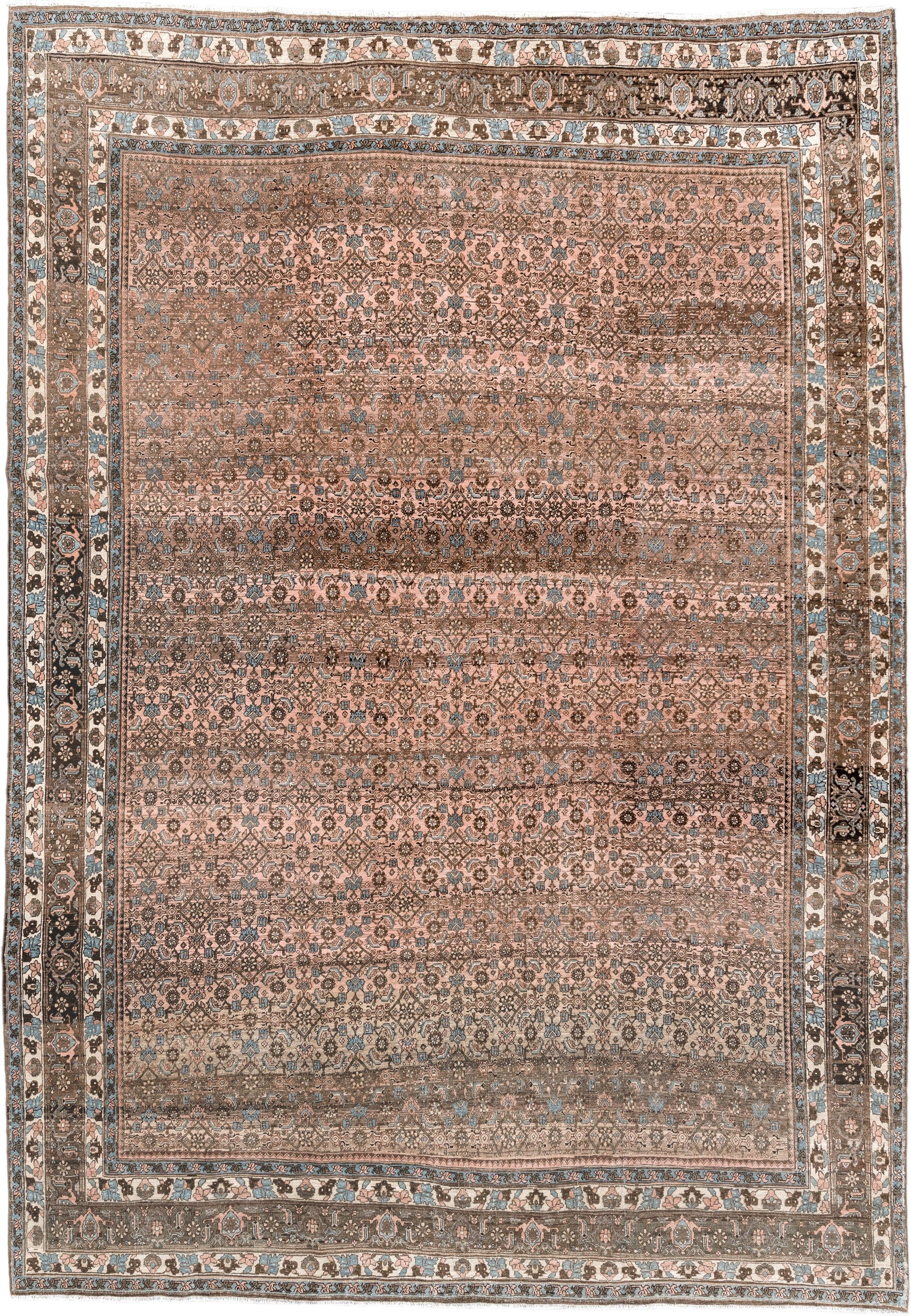 7' x 10' one-of-a-kind handmade vintage Bidjar large size rug. Color palette: rose, taupe, brown, ivory, light blue