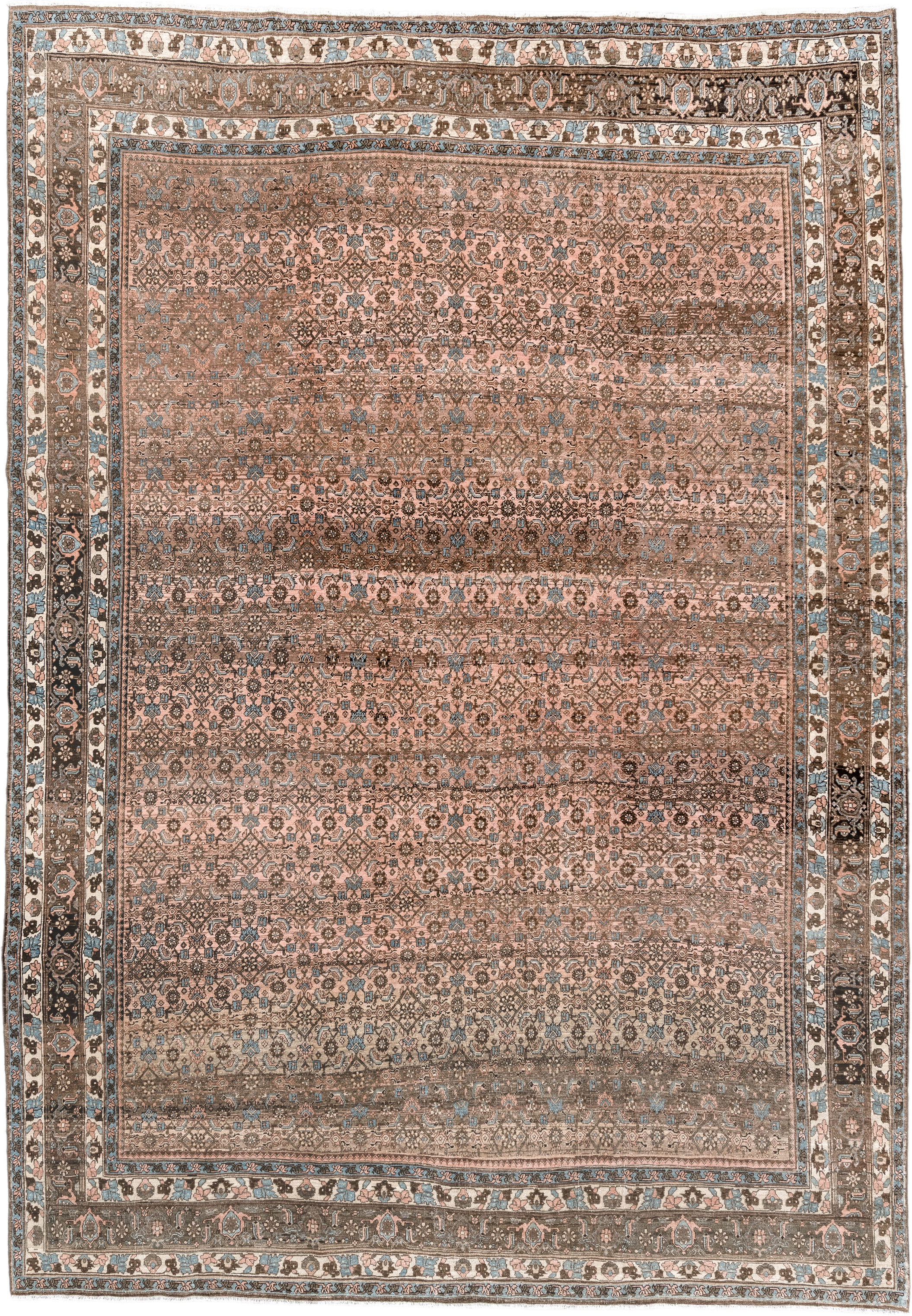 7' x 10' one-of-a-kind handmade vintage Bidjar large size rug. Color palette: rose, taupe, brown, ivory, light blue