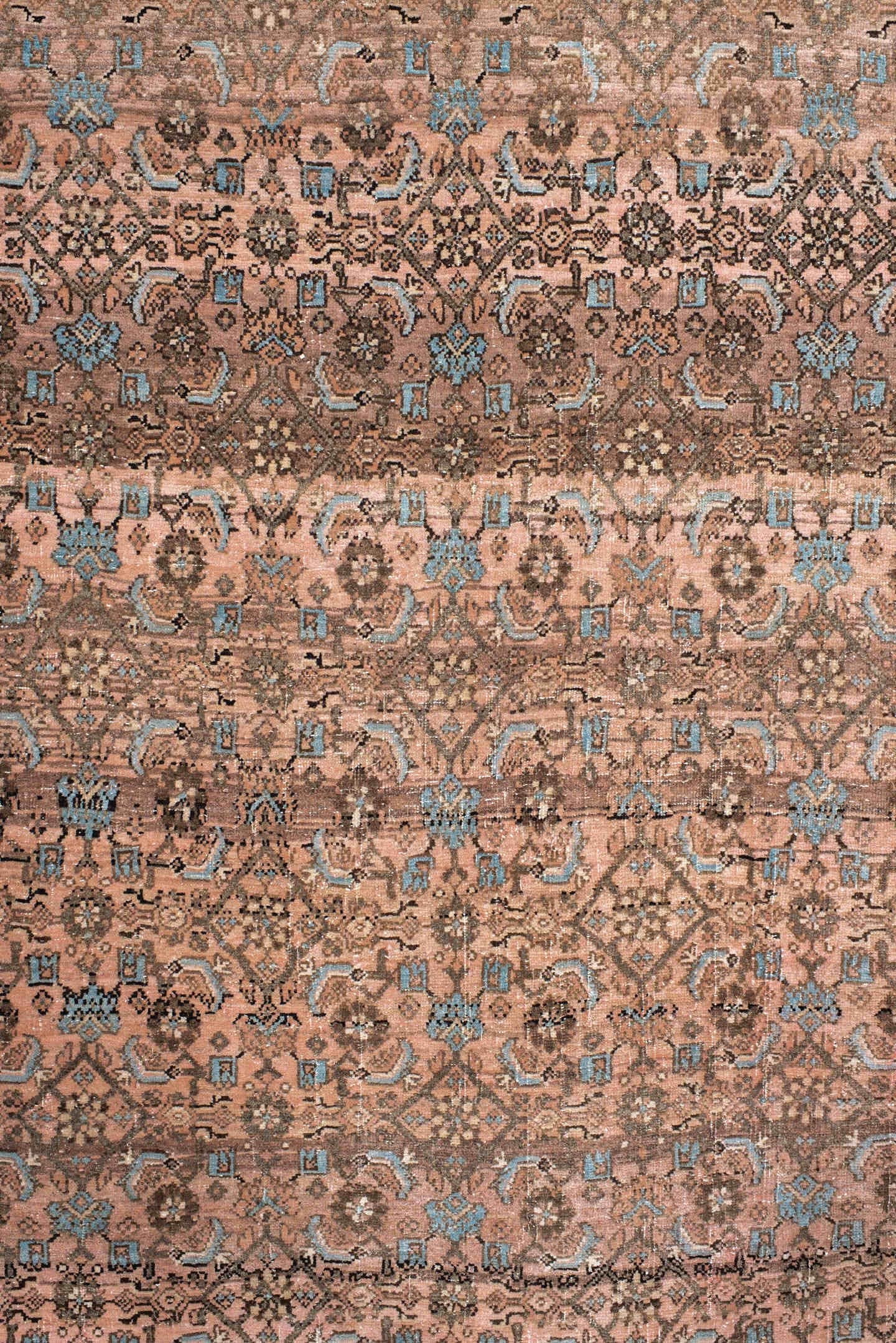 7' x 10' one-of-a-kind handmade vintage Bidjar large size rug. Color palette: rose, taupe, brown, ivory, light blue