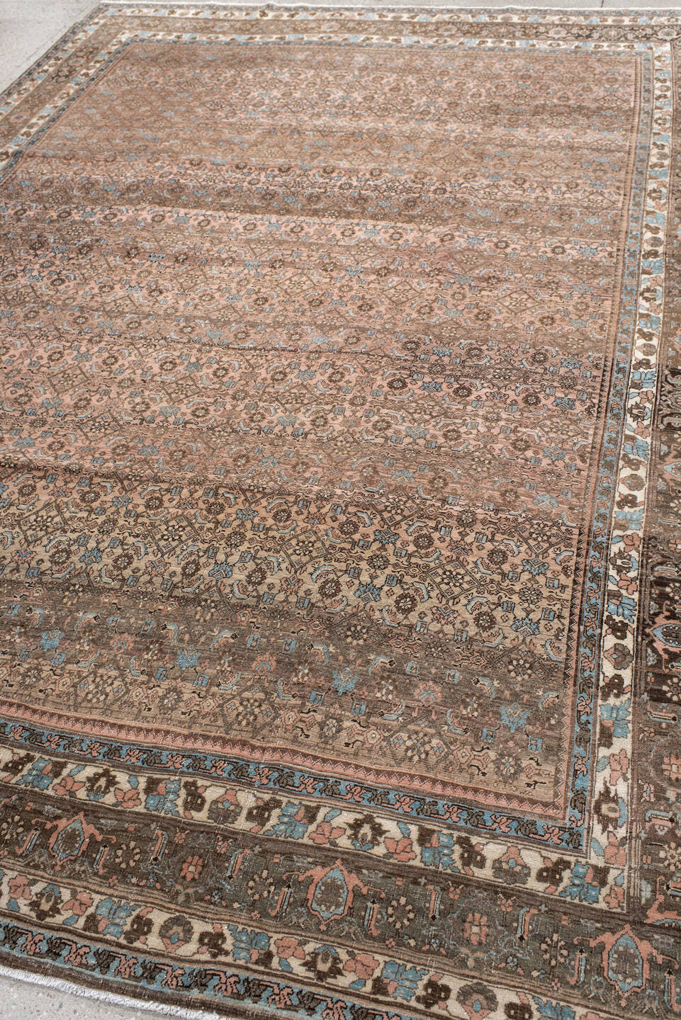 7' x 10' one-of-a-kind handmade vintage Bidjar large size rug. Color palette: rose, taupe, brown, ivory, light blue