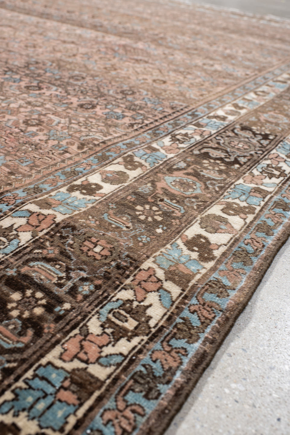 7' x 10' one-of-a-kind handmade vintage Bidjar large size rug. Color palette: rose, taupe, brown, ivory, light blue