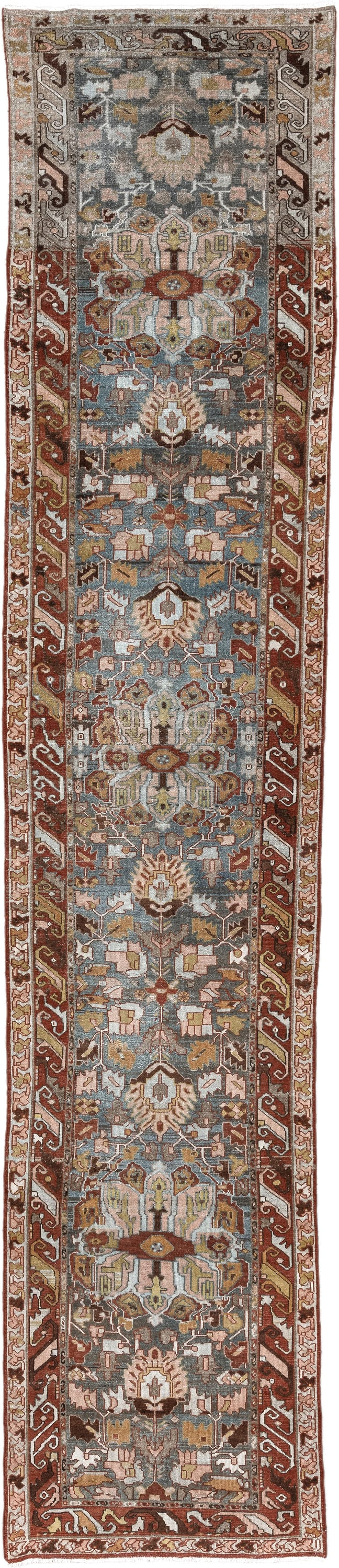 3' x 16' one-of-a-kind handmade vintage Baktiary runner rug. Color palette: sky blue, rust, ivory, taupe, camel, sage, brown