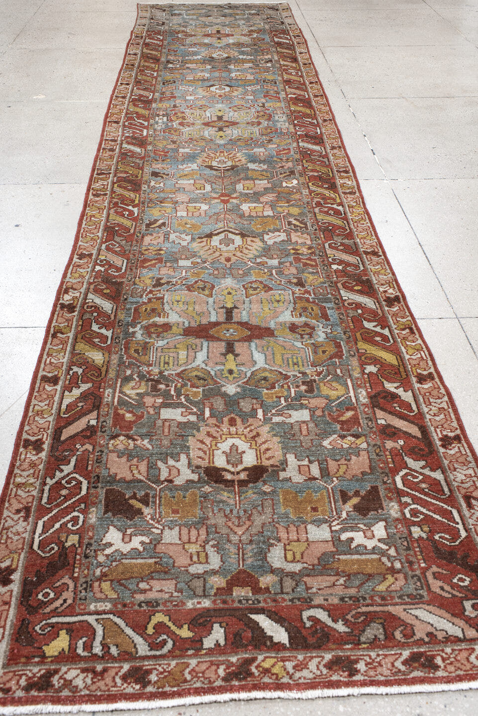 3' x 16' one-of-a-kind handmade vintage Baktiary runner rug. Color palette: sky blue, rust, ivory, taupe, camel, sage, brown