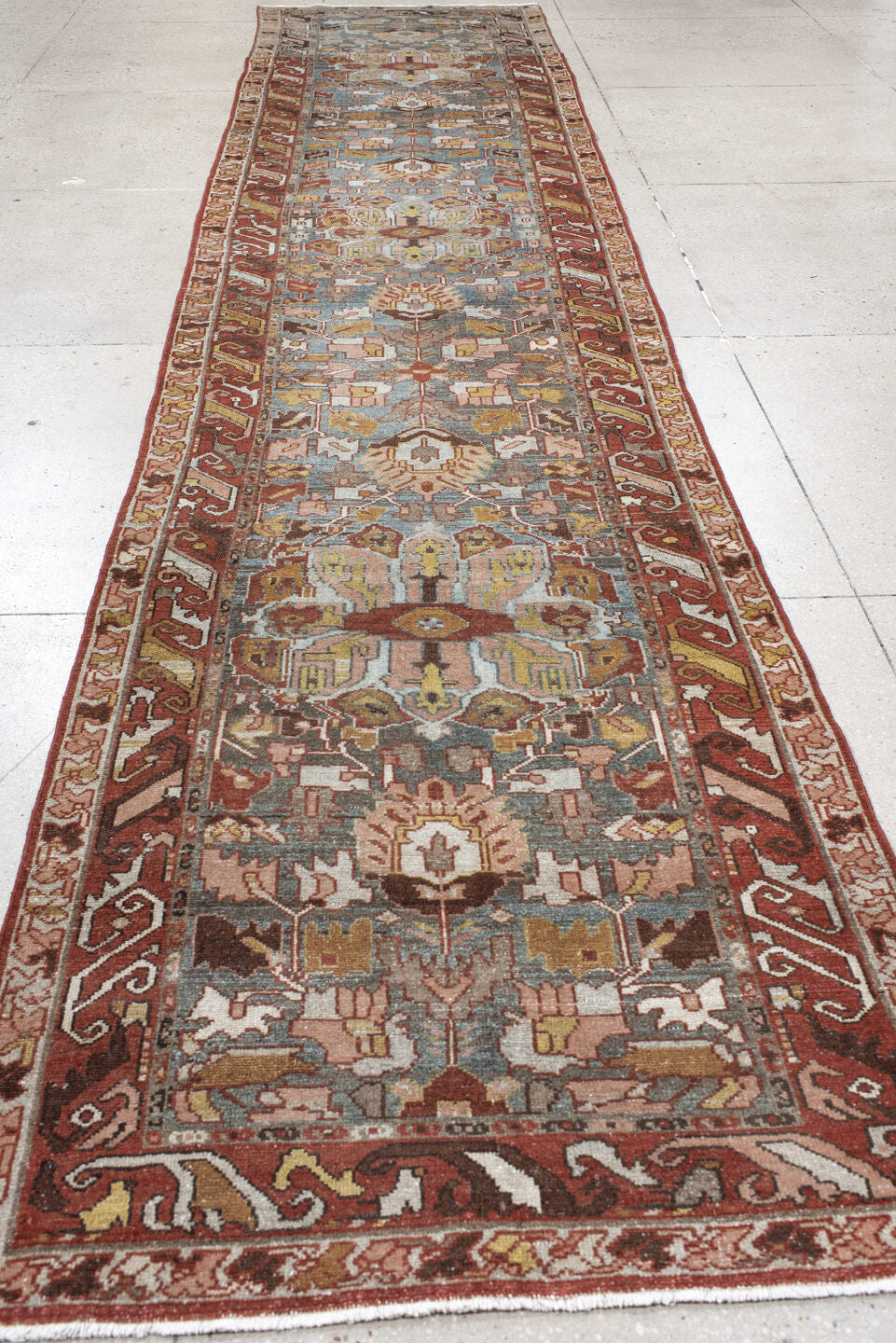 3' x 16' one-of-a-kind handmade vintage Baktiary runner rug. Color palette: sky blue, rust, ivory, taupe, camel, sage, brown