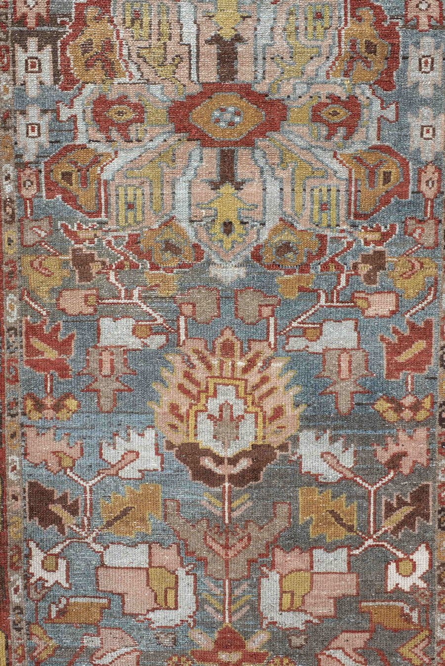 3' x 16' one-of-a-kind handmade vintage Baktiary runner rug. Color palette: sky blue, rust, ivory, taupe, camel, sage, brown