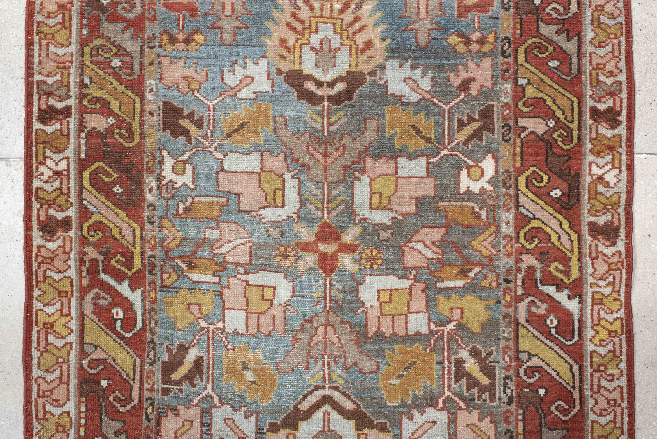 3' x 16' one-of-a-kind handmade vintage Baktiary runner rug. Color palette: sky blue, rust, ivory, taupe, camel, sage, brown
