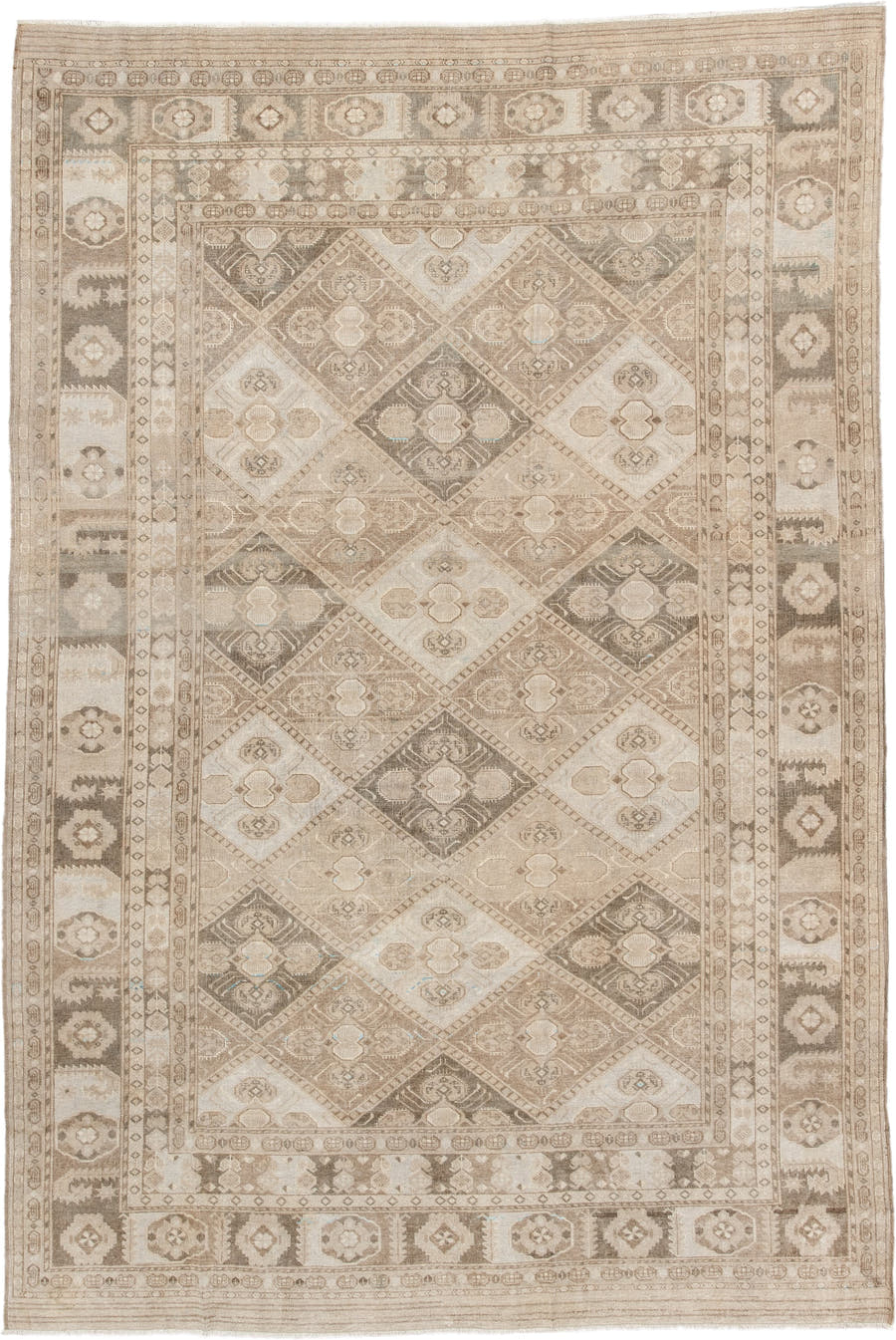 6' x 9' one-of-a-kind handmade antique Afghan medium size rug. Color palette: ivory, taupe, camel, beige, brown, sand