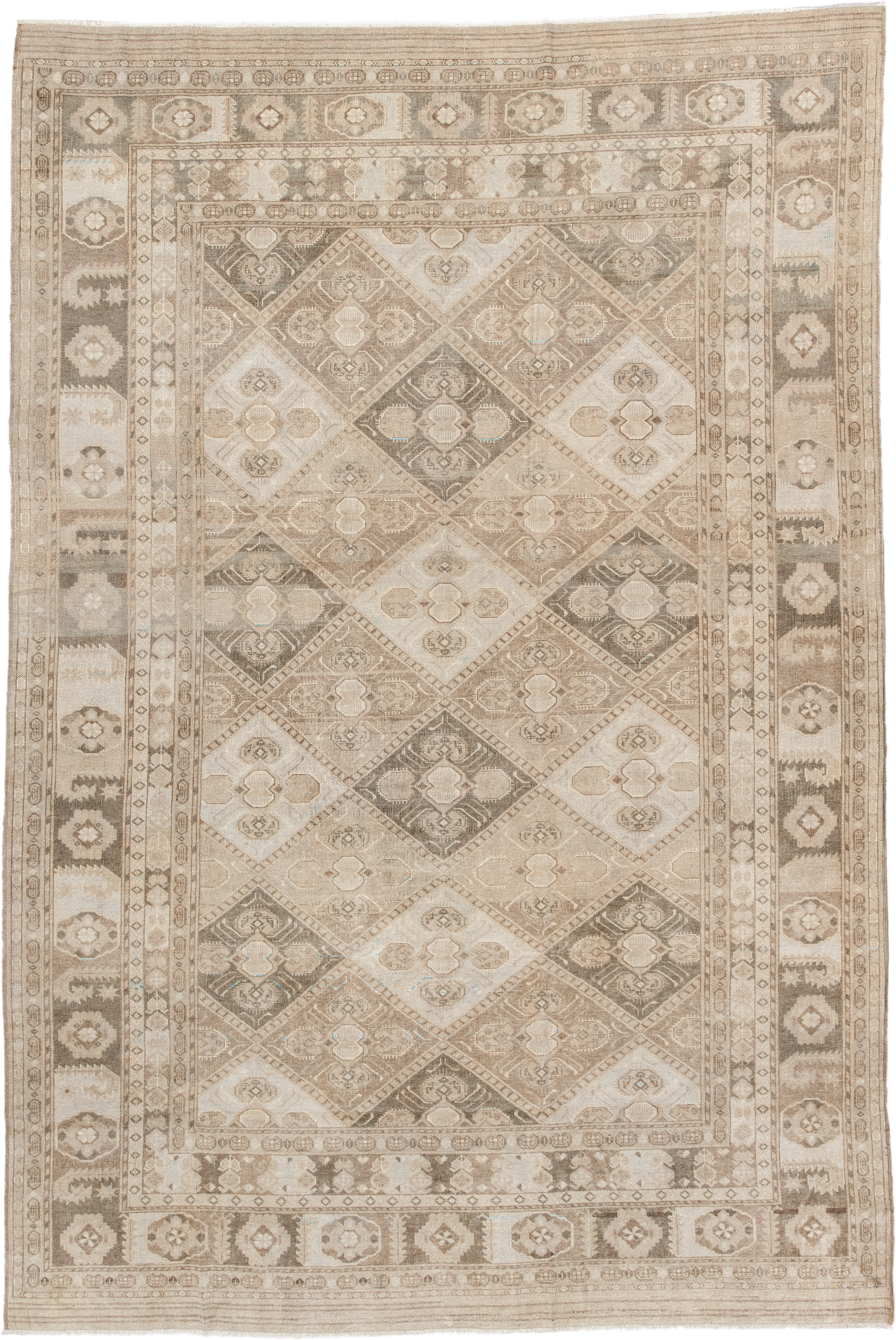 6' x 9' one-of-a-kind handmade antique Afghan medium size rug. Color palette: ivory, taupe, camel, beige, brown, sand