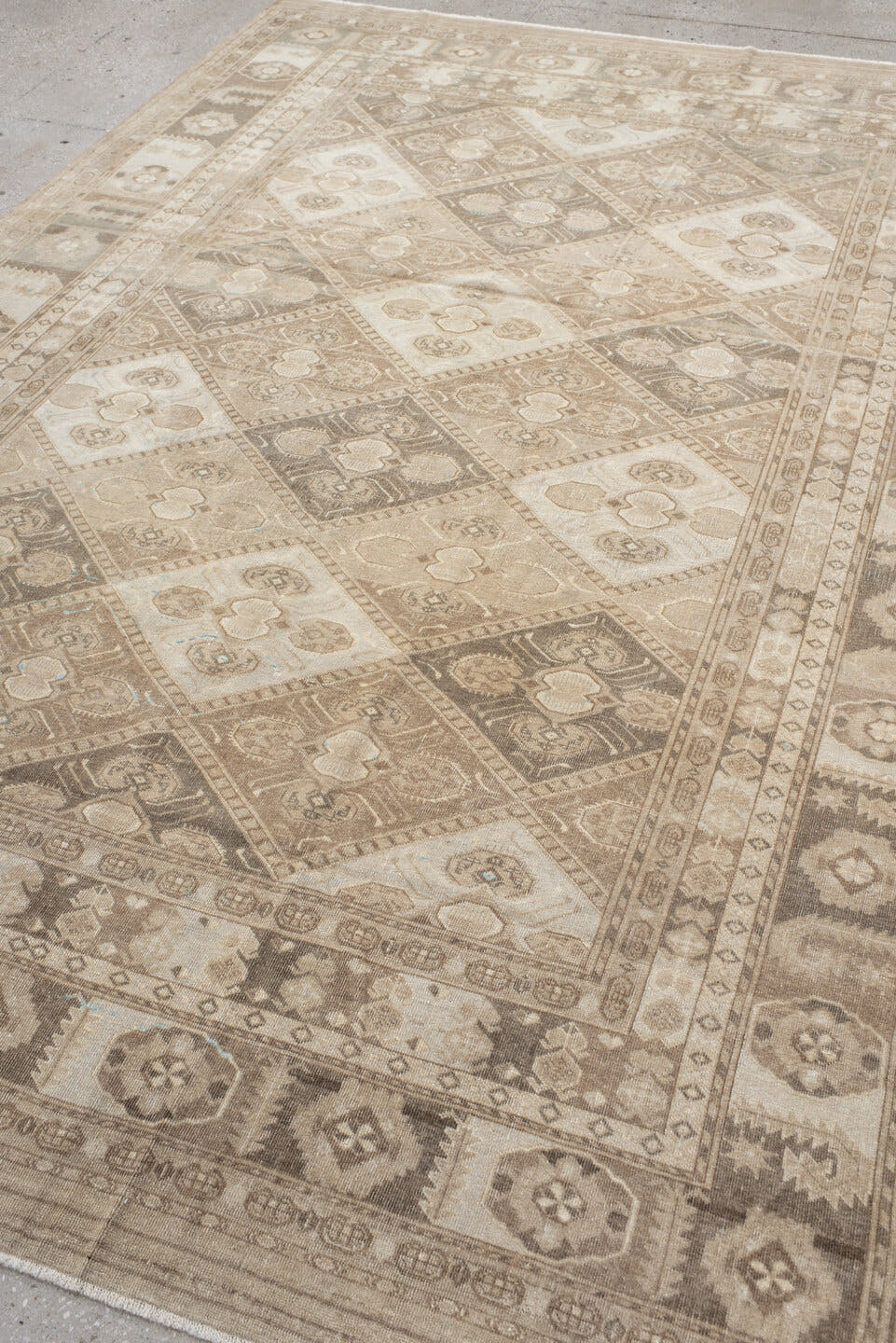 6' x 9' one-of-a-kind handmade antique Afghan medium size rug. Color palette: ivory, taupe, camel, beige, brown, sand