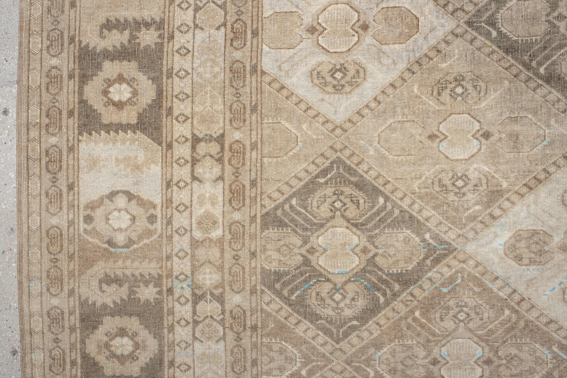 6' x 9' one-of-a-kind handmade antique Afghan medium size rug. Color palette: ivory, taupe, camel, beige, brown, sand