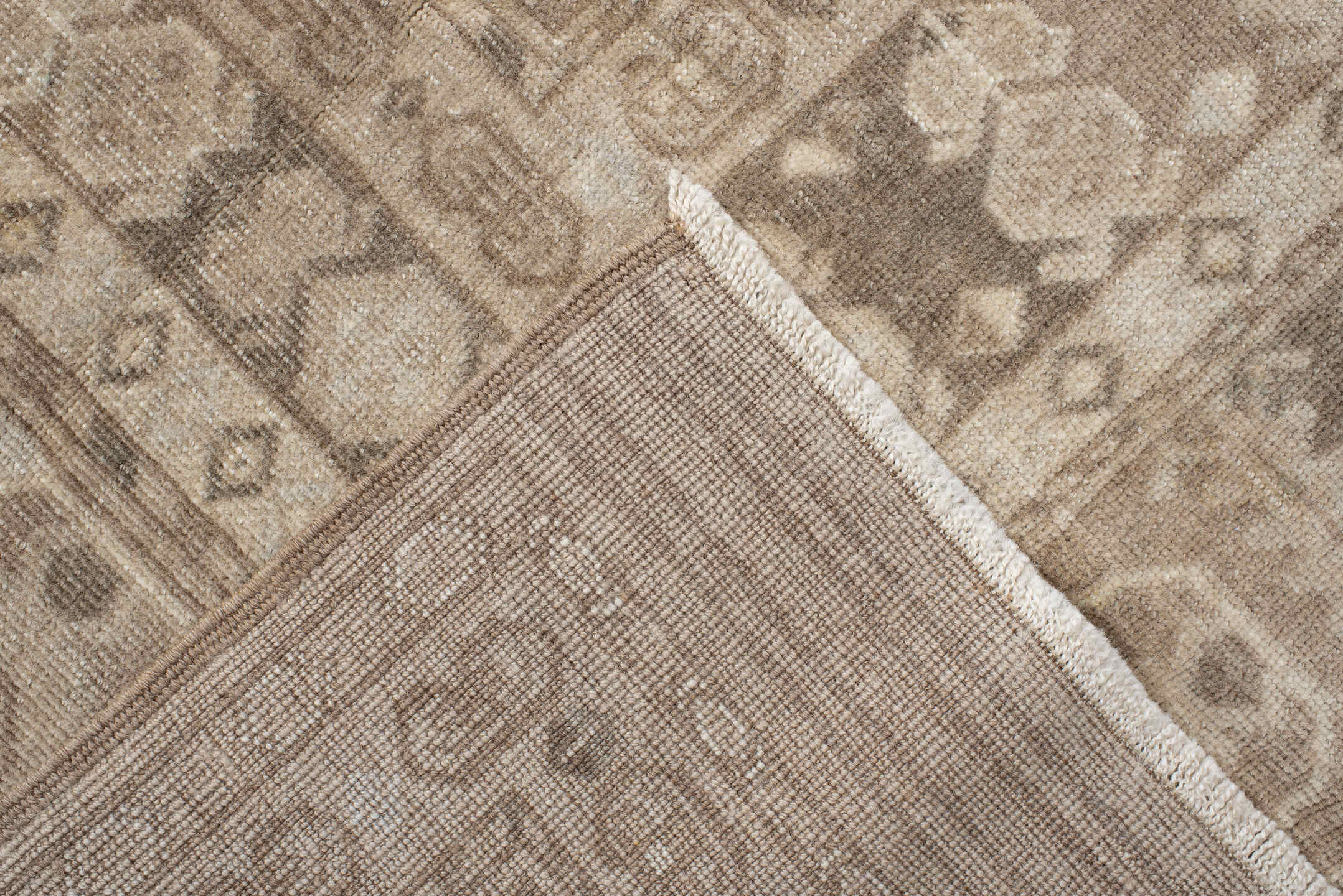 6' x 9' one-of-a-kind handmade antique Afghan medium size rug. Color palette: ivory, taupe, camel, beige, brown, sand