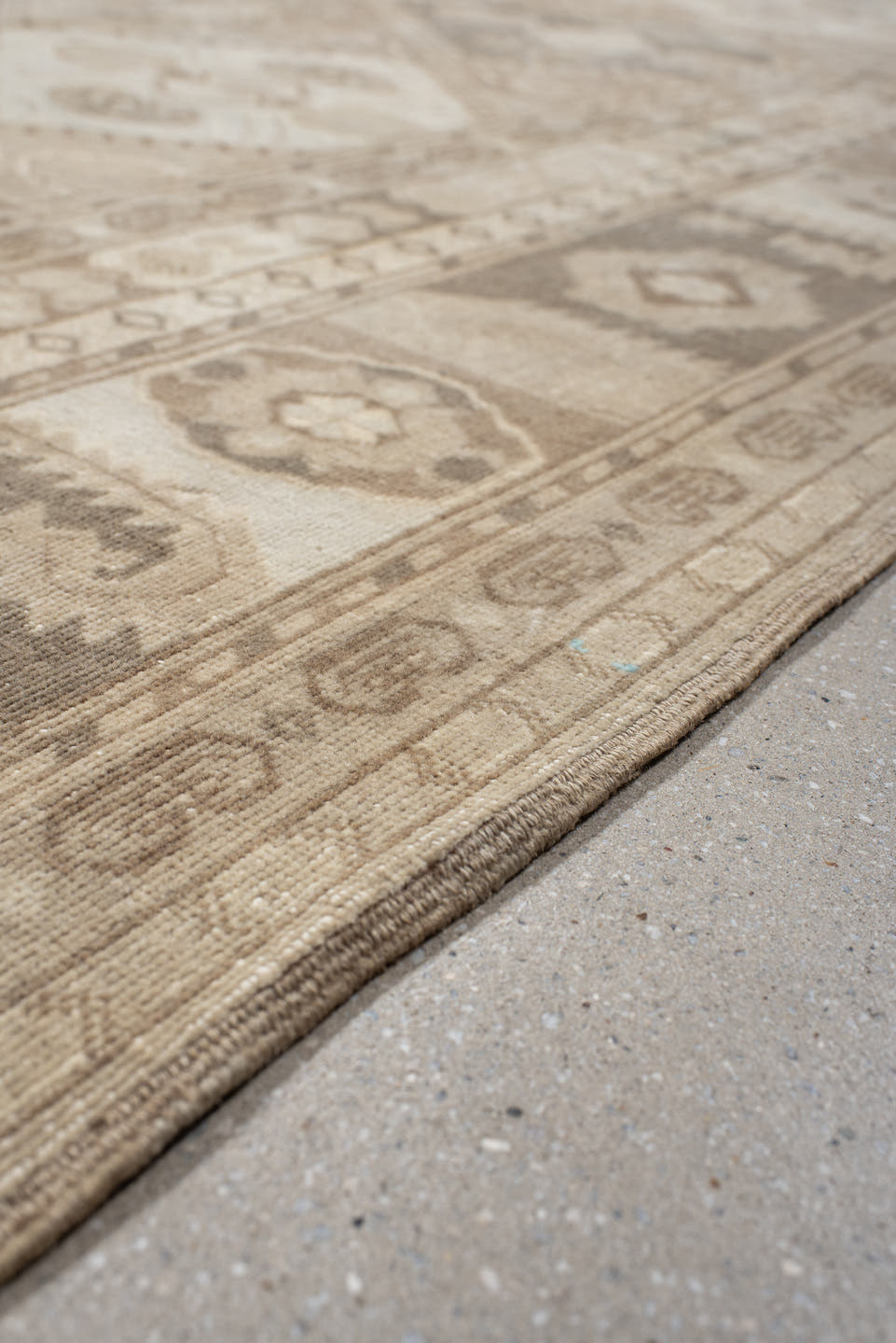 6' x 9' one-of-a-kind handmade antique Afghan medium size rug. Color palette: ivory, taupe, camel, beige, brown, sand