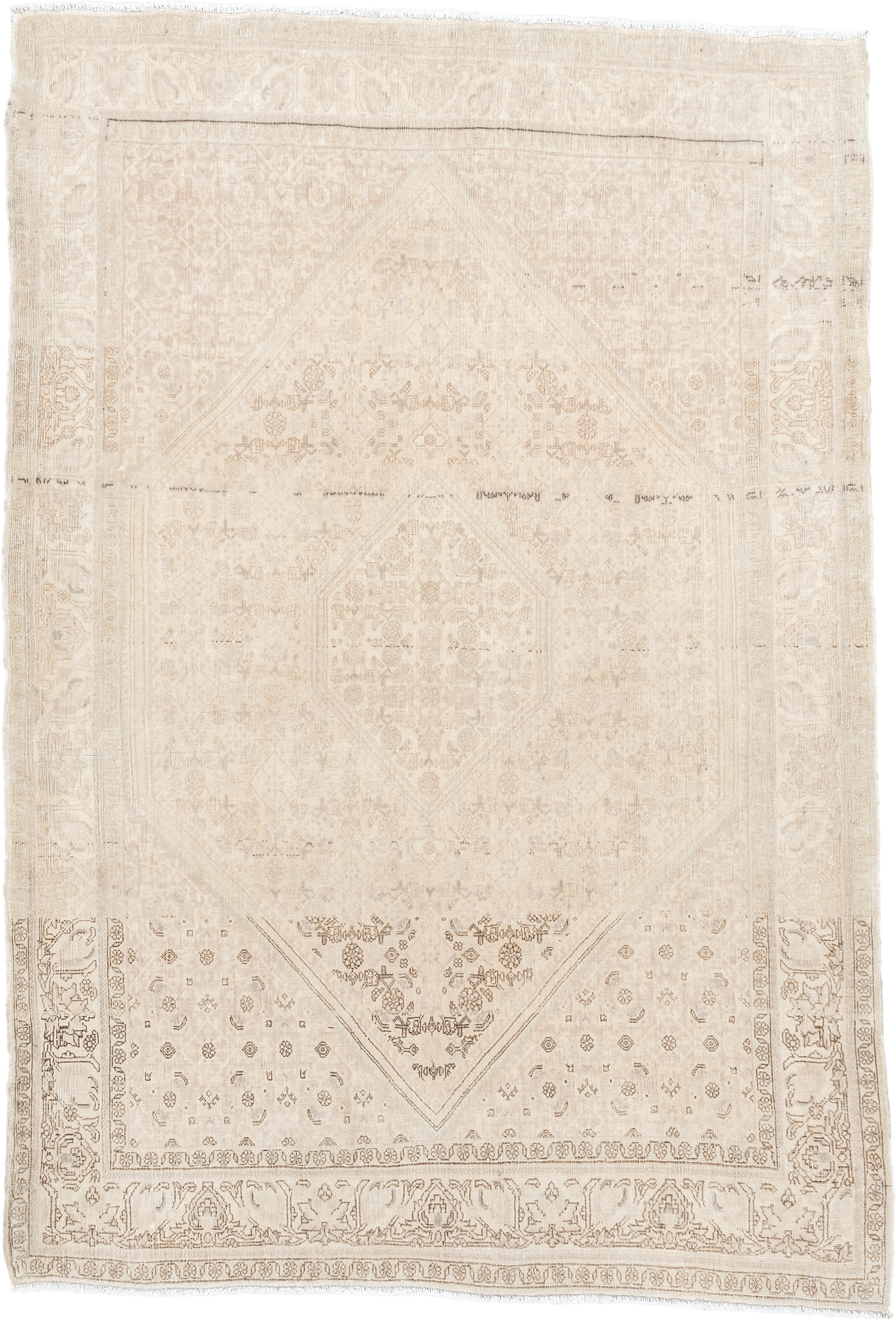 3' x 5' one-of-a-kind handmade antique Bidjar small size rug. Color palette: ivory, cream, beige, taupe, camel, gray