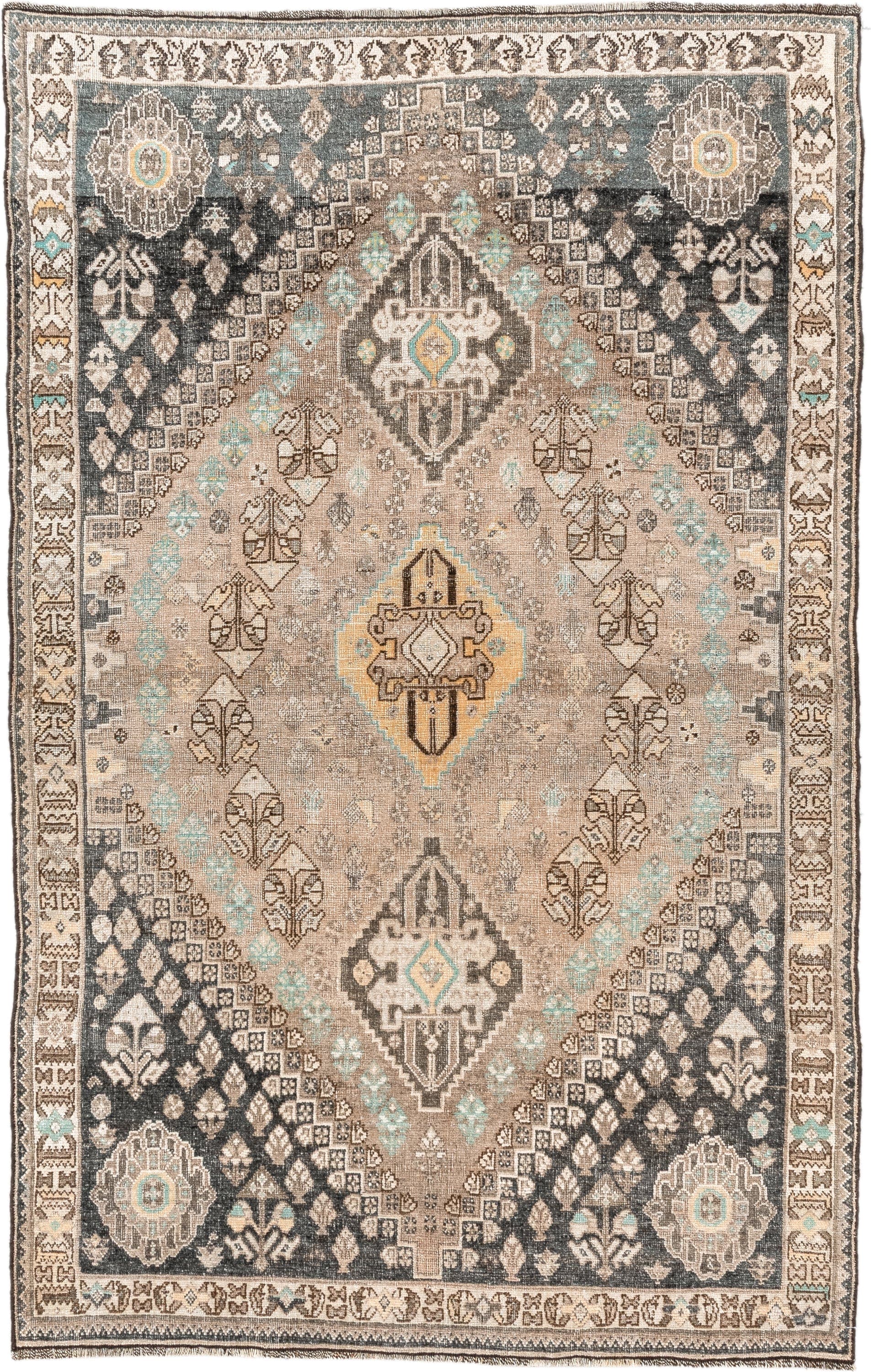 3' x 5' one-of-a-kind handmade vintage Shiraz small size rug. Color palette: taupe, charcoal, ivory, brown, turquoise, cream
