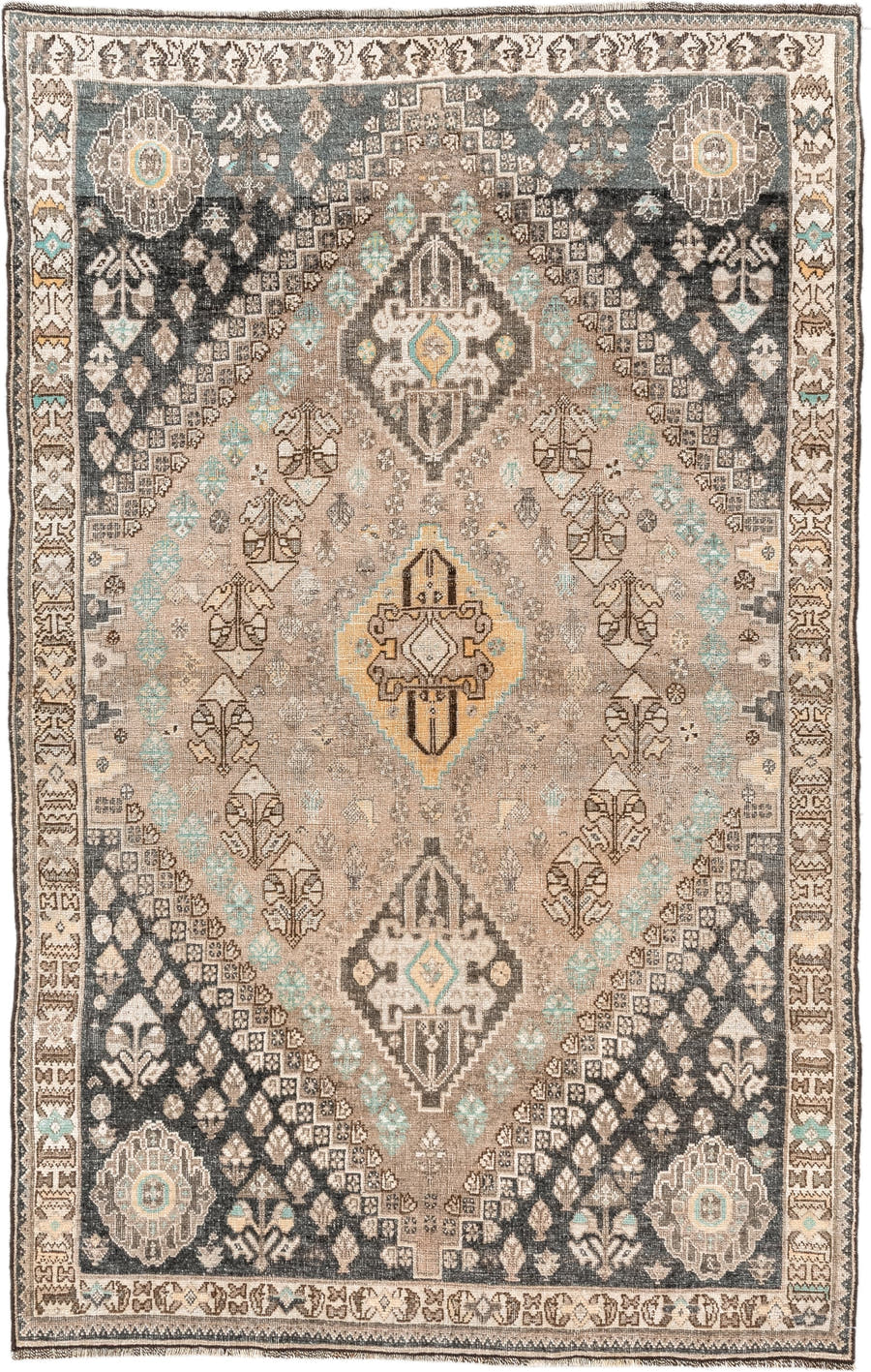 3' x 5' one-of-a-kind handmade vintage Shiraz small size rug. Color palette: taupe, charcoal, ivory, brown, turquoise, cream