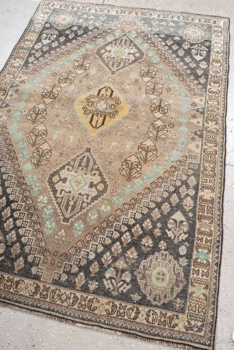 3' x 5' one-of-a-kind handmade vintage Shiraz small size rug. Color palette: taupe, charcoal, ivory, brown, turquoise, cream