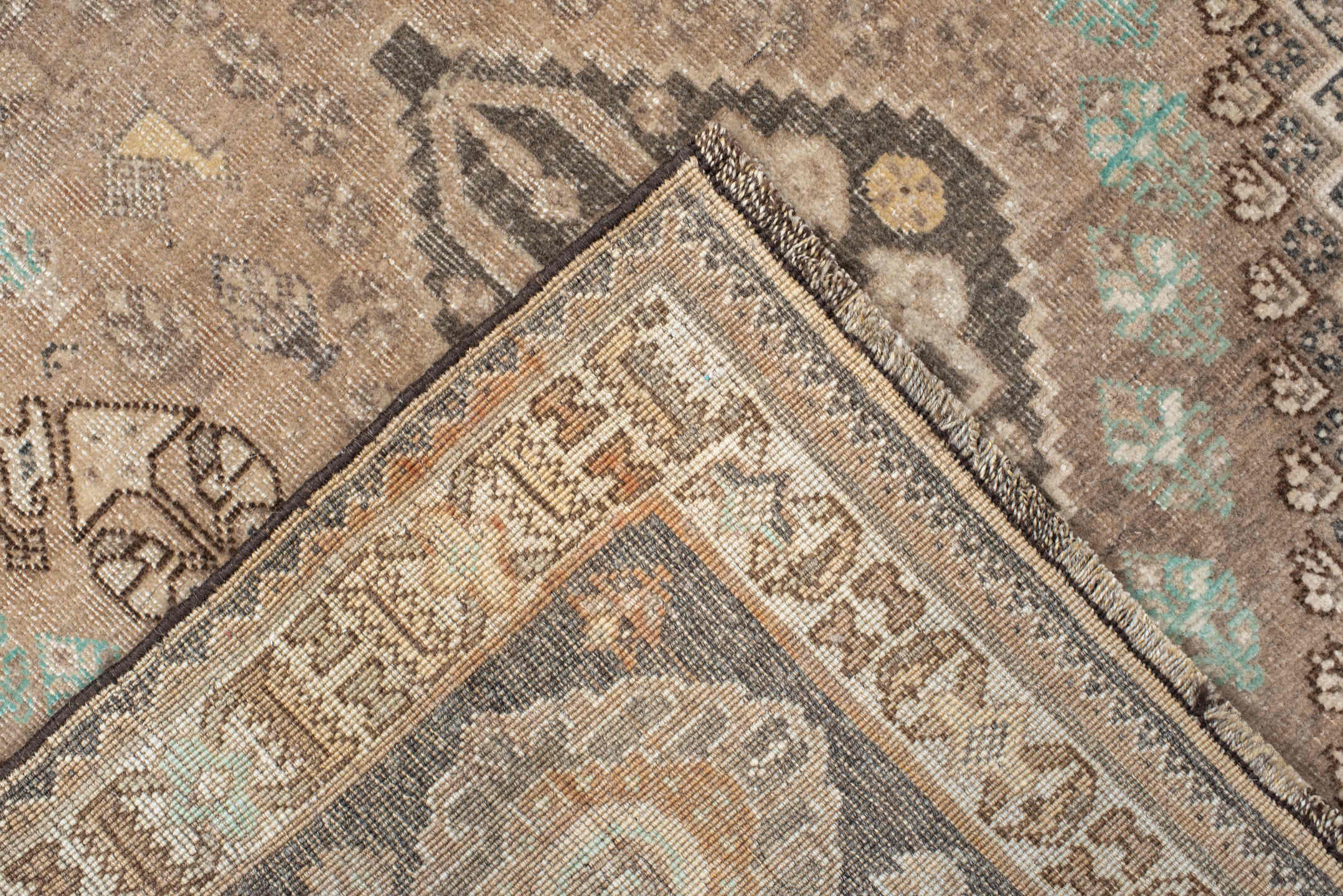3' x 5' one-of-a-kind handmade vintage Shiraz small size rug. Color palette: taupe, charcoal, ivory, brown, turquoise, cream
