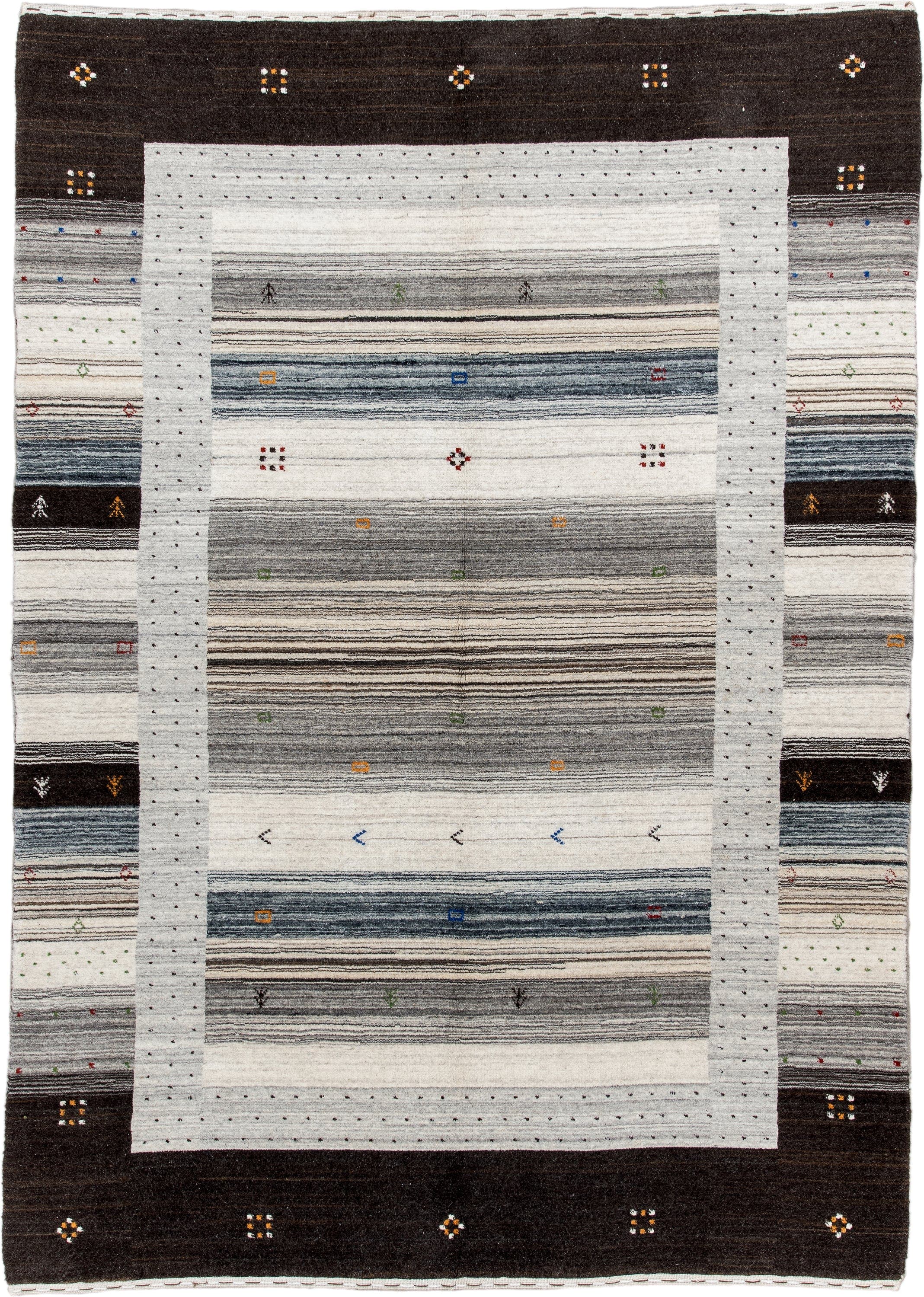 5' x 7' one-of-a-kind handmade vintage Gabbe rug. Color palette: charcoal, ivory, gray, slate, cream, gold, red, green