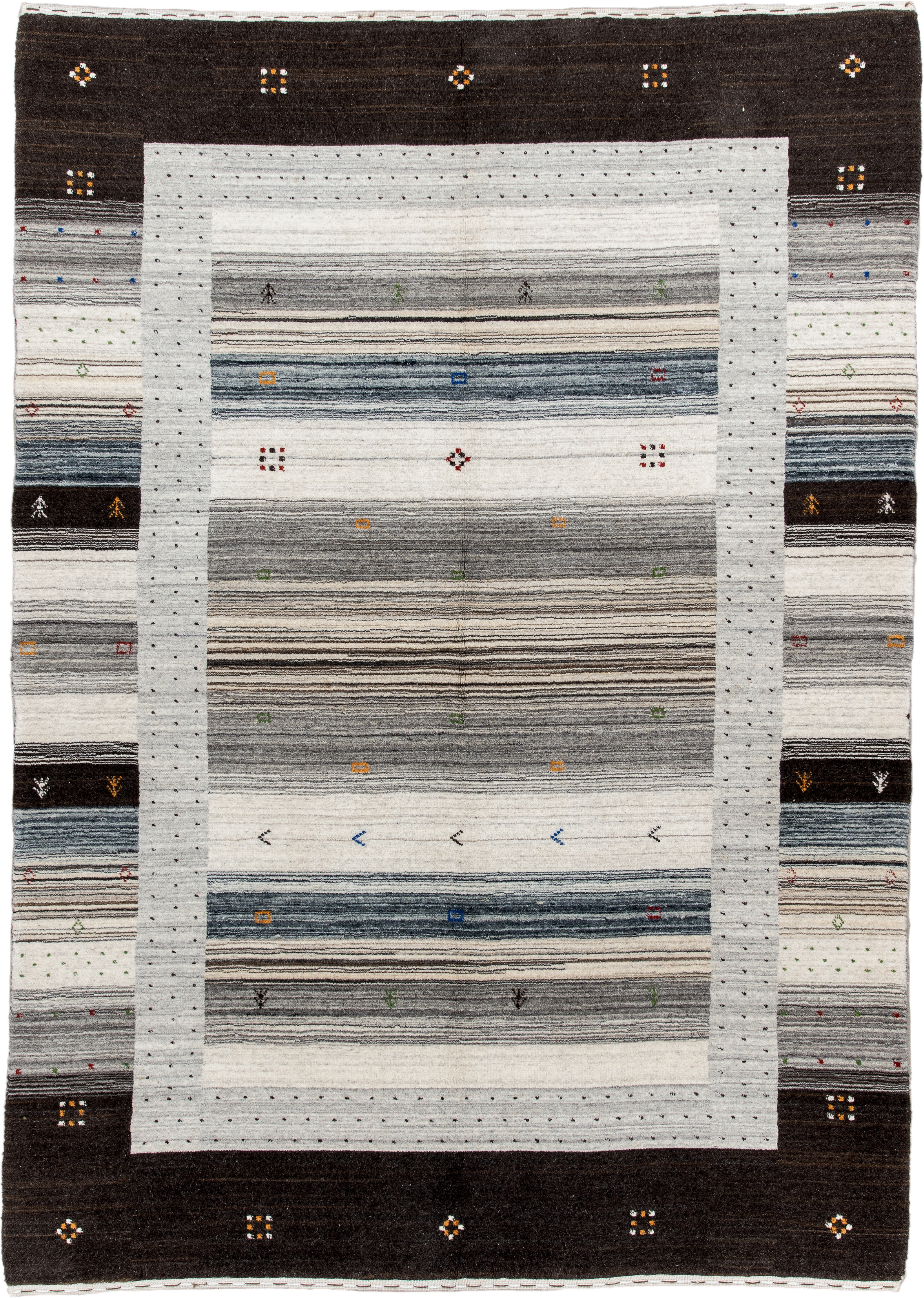 5' x 7' one-of-a-kind handmade vintage Gabbe rug. Color palette: charcoal, ivory, gray, slate, cream, gold, red, green