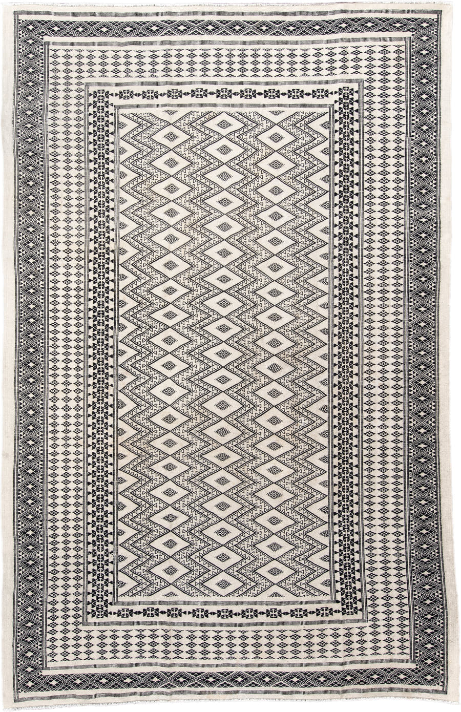 7' x 10' one-of-a-kind handmade vintage Kilim large size rug. Color palette: ivory, charcoal, black, gray