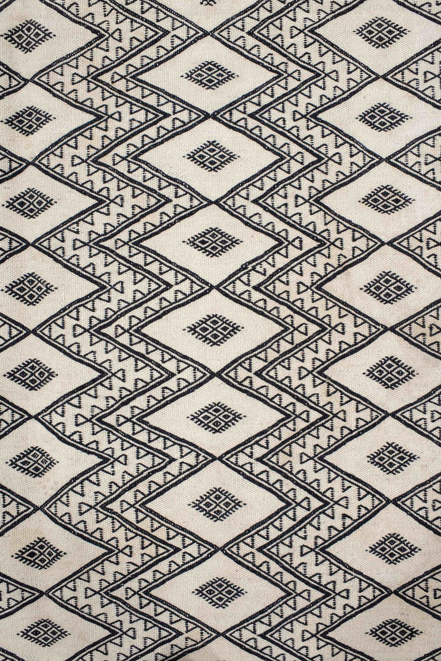 7' x 10' one-of-a-kind handmade vintage Kilim large size rug. Color palette: ivory, charcoal, black, gray