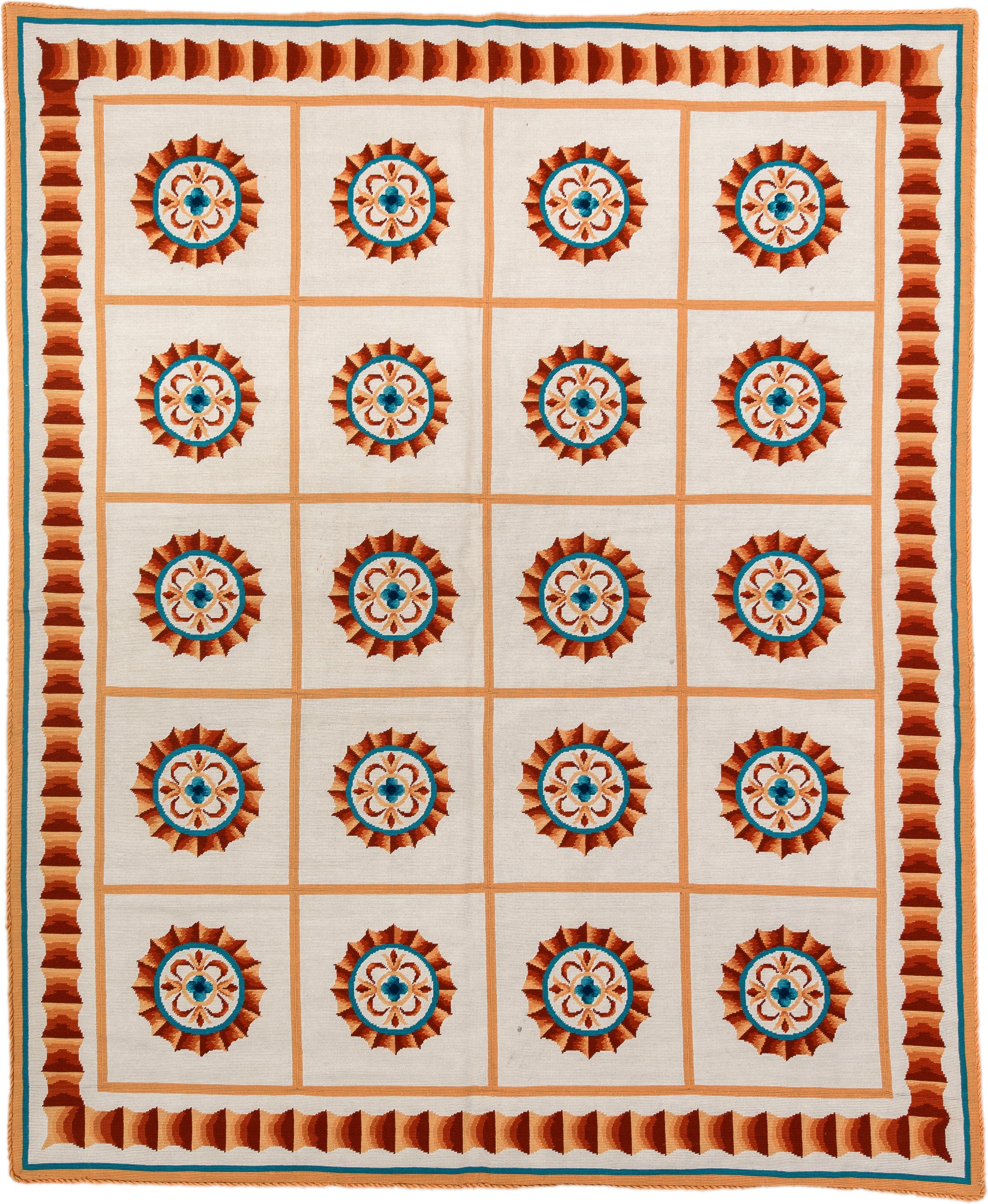 6' x 7' one-of-a-kind handmade antique Needlepoint rug. Color palette: ivory, rust, peach, turquoise, camel, terracotta