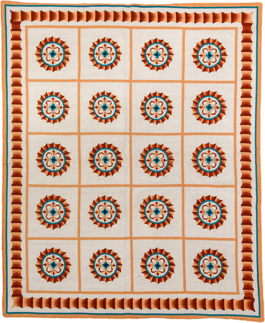 6' x 7' one-of-a-kind handmade antique Needlepoint rug. Color palette: ivory, rust, peach, turquoise, camel, terracotta