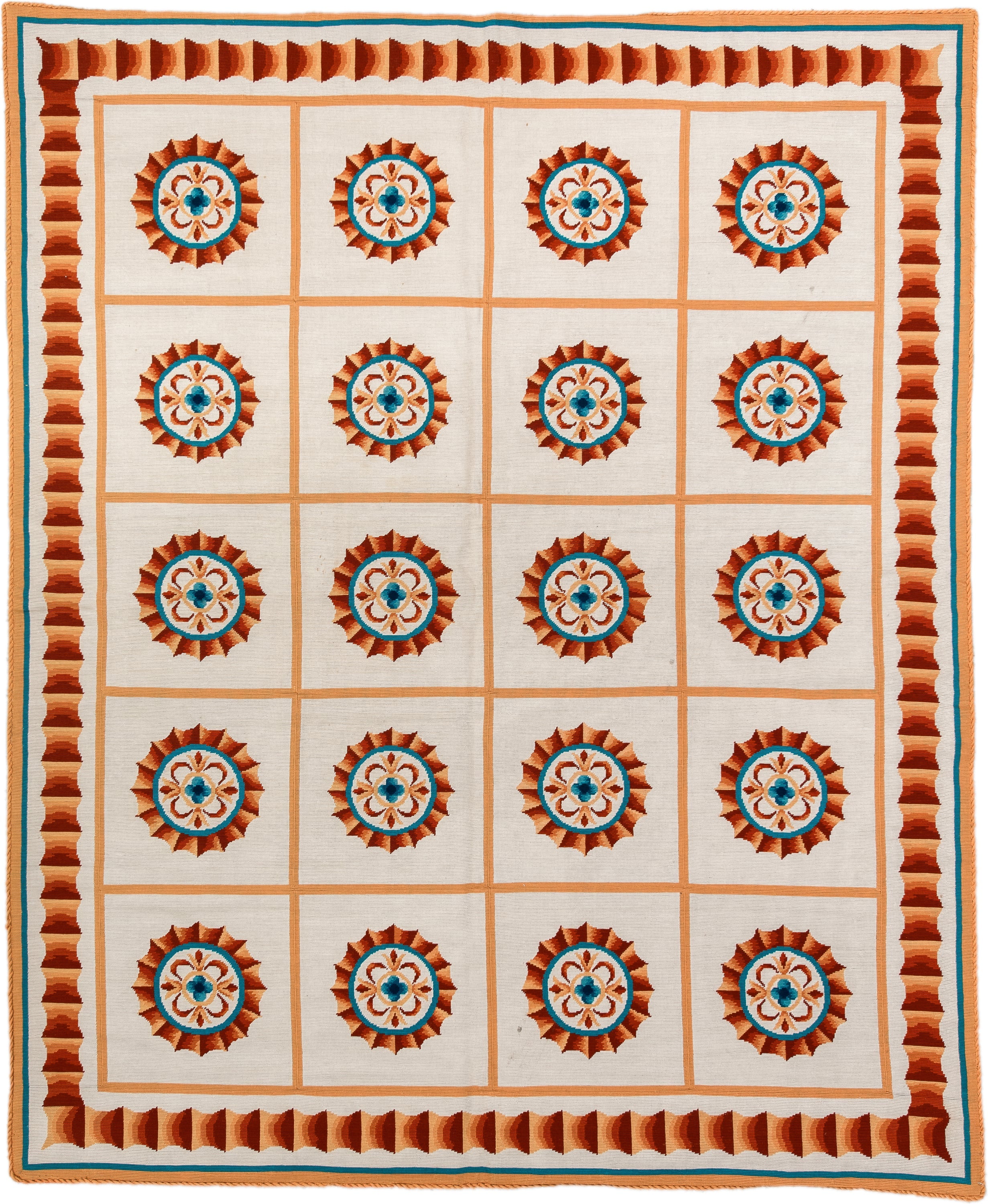 6' x 7' one-of-a-kind handmade antique Needlepoint rug. Color palette: ivory, rust, peach, turquoise, camel, terracotta