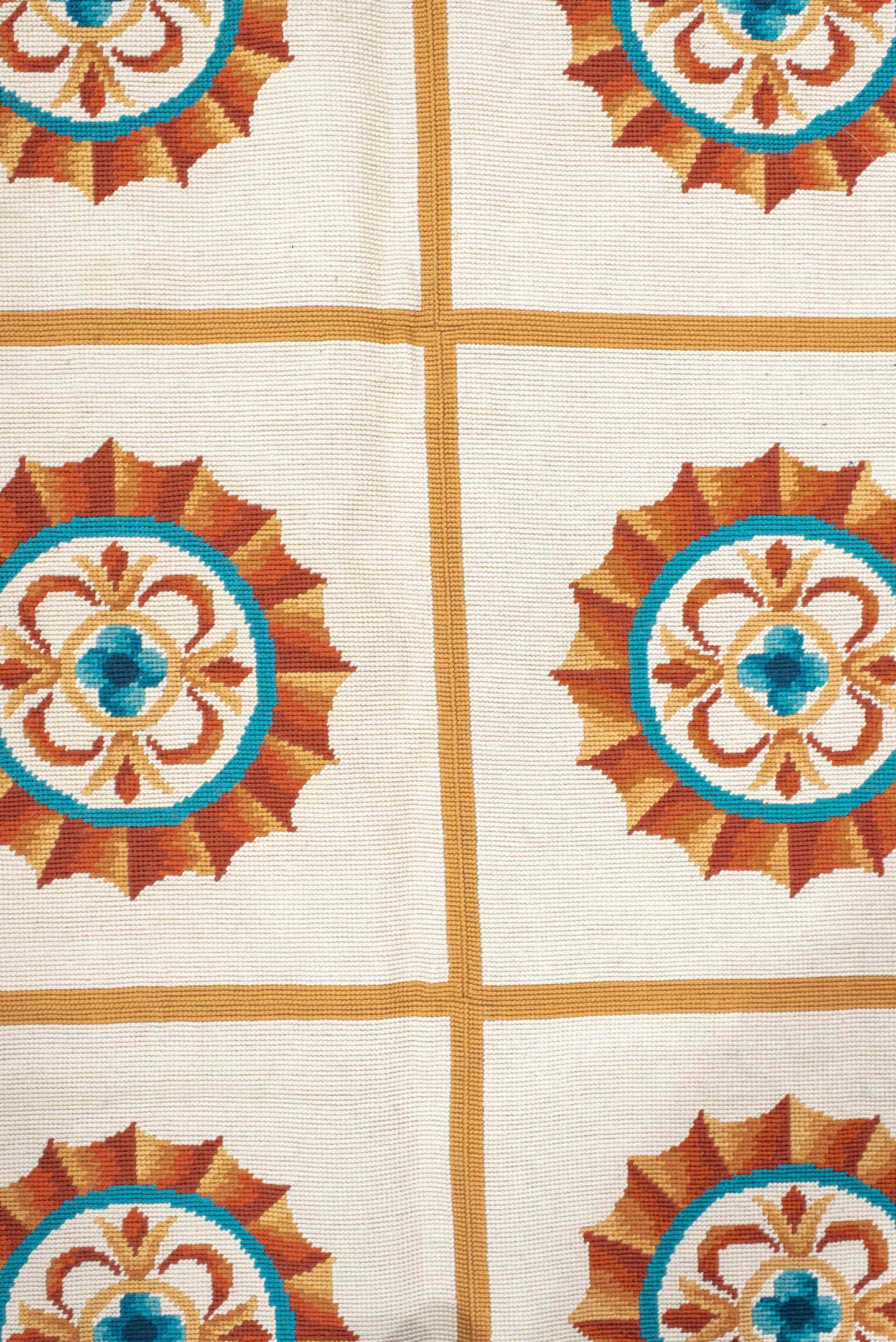 6' x 7' one-of-a-kind handmade antique Needlepoint rug. Color palette: ivory, rust, peach, turquoise, camel, terracotta