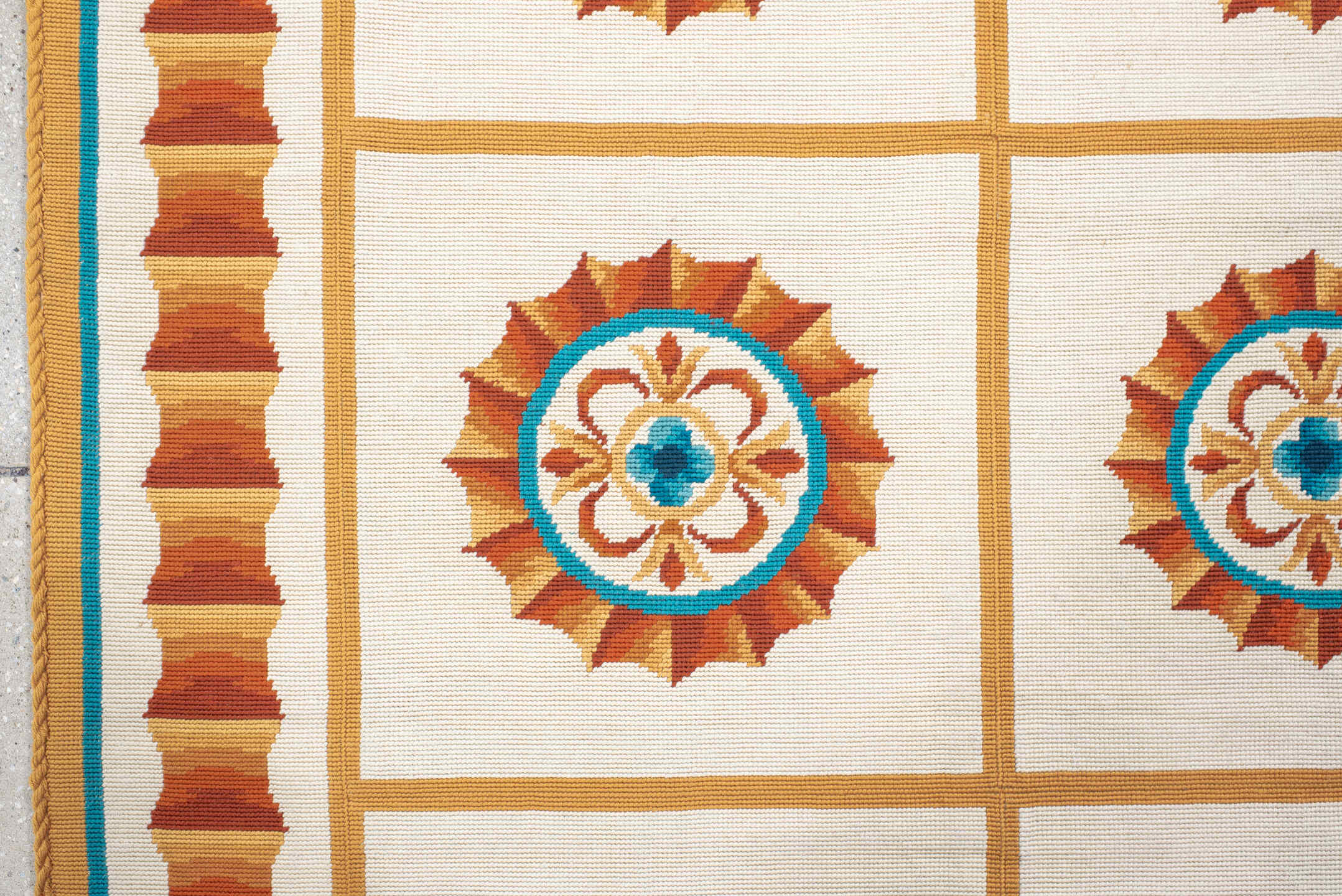 6' x 7' one-of-a-kind handmade antique Needlepoint rug. Color palette: ivory, rust, peach, turquoise, camel, terracotta