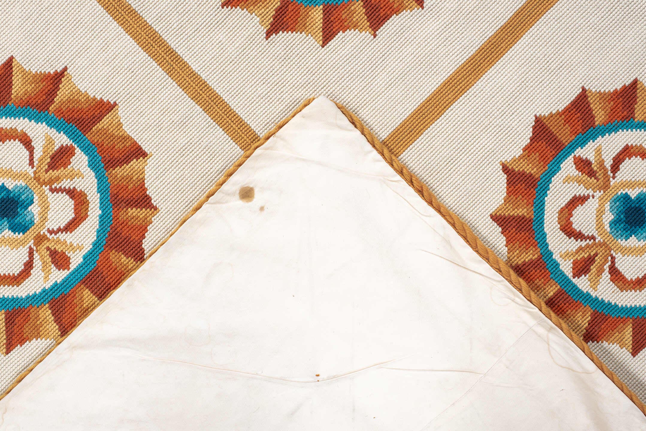 6' x 7' one-of-a-kind handmade antique Needlepoint rug. Color palette: ivory, rust, peach, turquoise, camel, terracotta