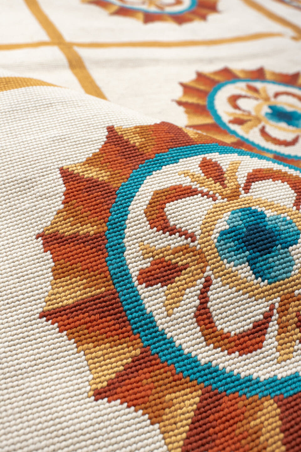 6' x 7' one-of-a-kind handmade antique Needlepoint rug. Color palette: ivory, rust, peach, turquoise, camel, terracotta