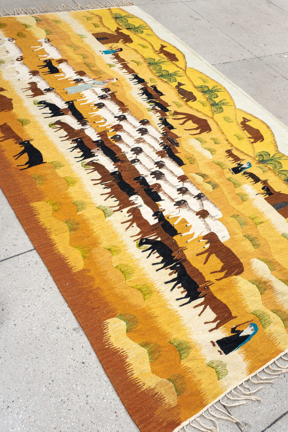 5' x 8' one-of-a-kind handmade antique Tapestry medium size rug. Color palette: ivory, gold, camel, brown, olive, black