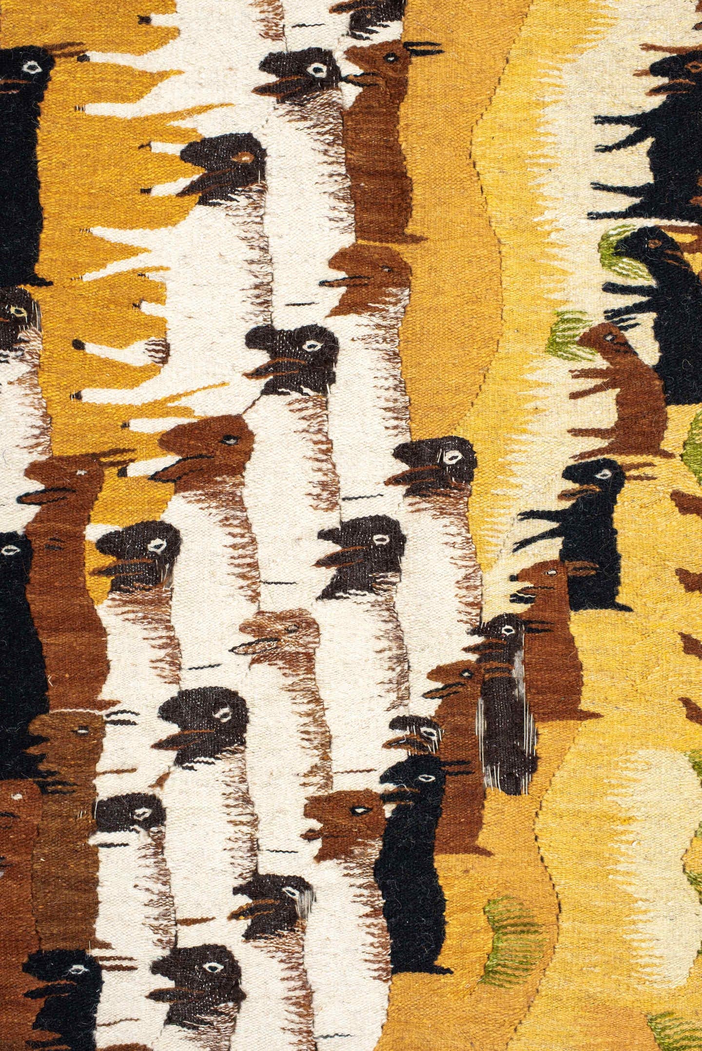 5' x 8' one-of-a-kind handmade antique Tapestry medium size rug. Color palette: ivory, gold, camel, brown, olive, black